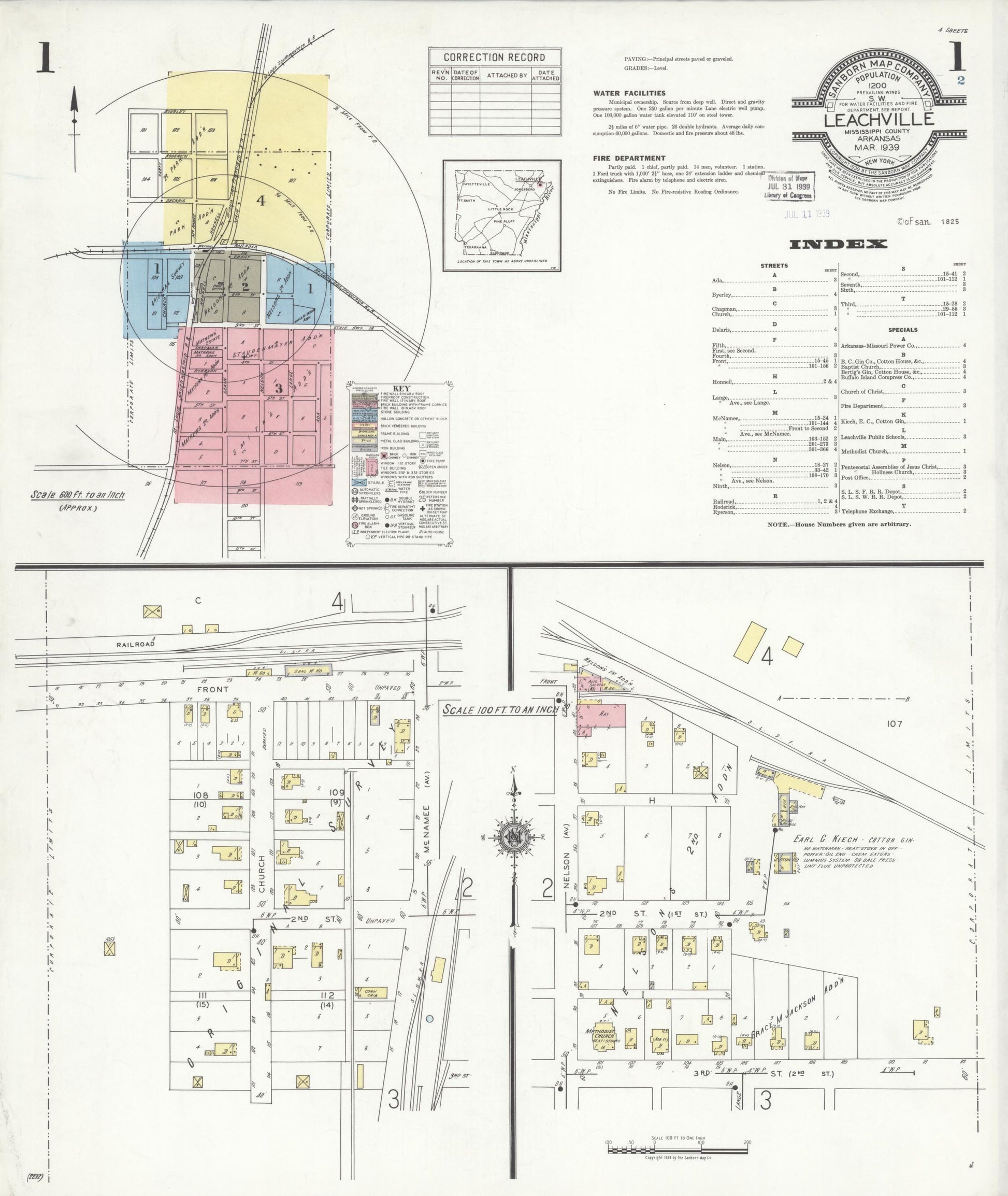 Sanborn Fire Insurance Map from Leachville, Mississippi County, Arkansas (1939), Sheet #0001 - Complete Map Set gallery image, historic Sanborn map, vintage wall art, Arkansas Arkansas