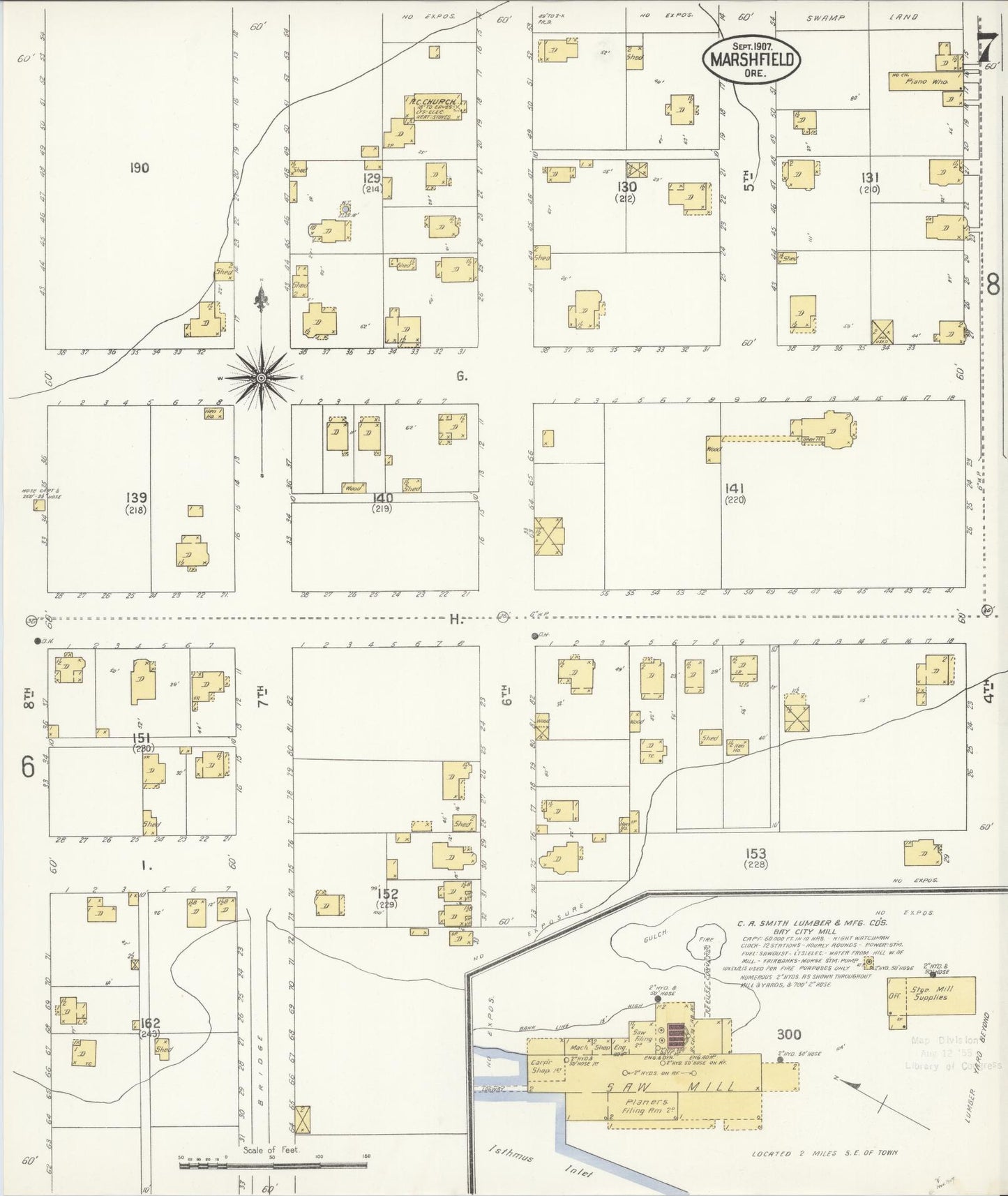 Sanborn Fire Insurance Map from Marshfield, Coos County, Oregon (1907), Sheet #0007 - Historic Sanborn Fire Insurance Map Print, vintage old map wall art, antique decor, genealogy gift, Oregon Oregon map