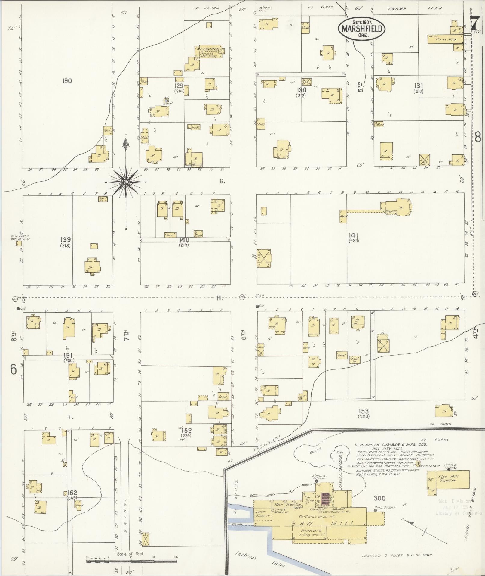 Sanborn Fire Insurance Map from Marshfield, Coos County, Oregon (1907), Sheet #0007 - Historic Sanborn Fire Insurance Map Print, vintage old map wall art, antique decor, genealogy gift, Oregon Oregon map