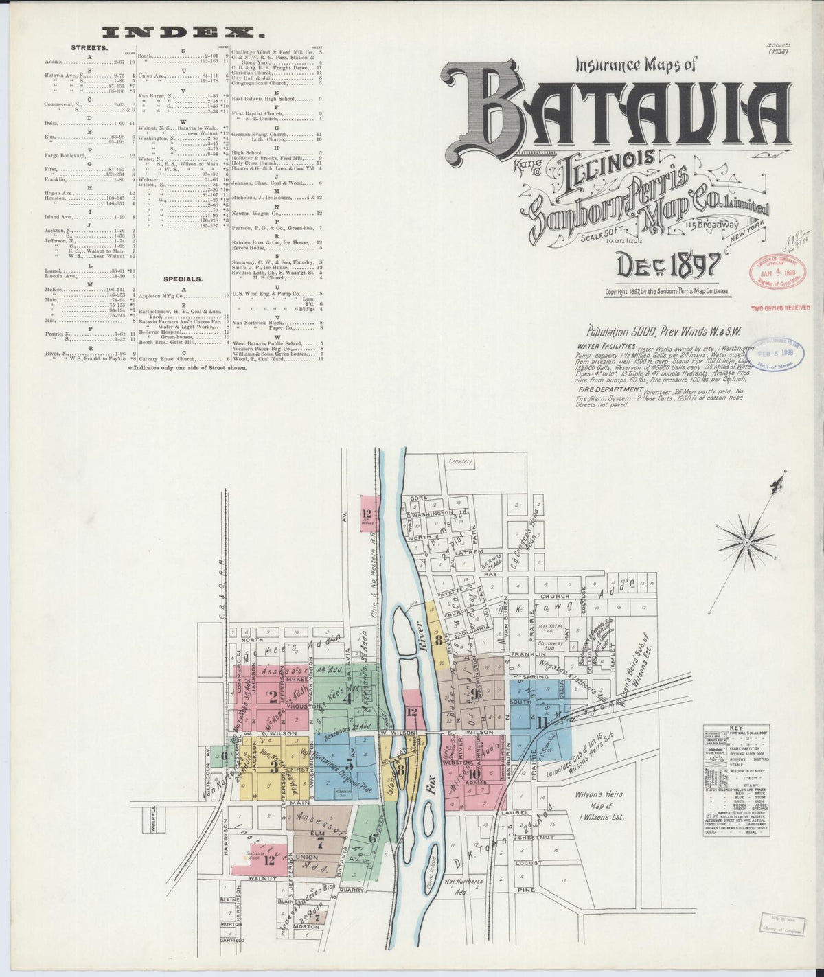 Sanborn Fire Insurance Map from Batavia, Kane County, Illinois (1897), Sheet #0001 - Historic Sanborn Fire Insurance Map Print, vintage old map wall art, antique decor, genealogy gift, Illinois Illinois map