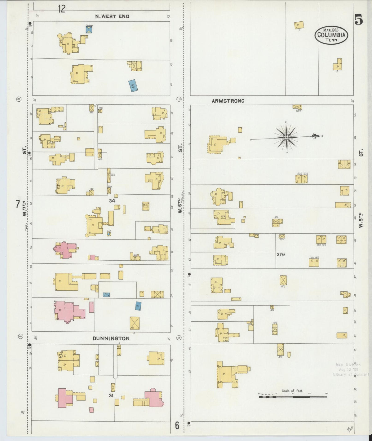 Sanborn Fire Insurance Map from Columbia, Maury County, Tennessee (1905), Sheet #0005 - Complete Map Set gallery image, historic Sanborn map, vintage wall art, Tennessee Tennessee
