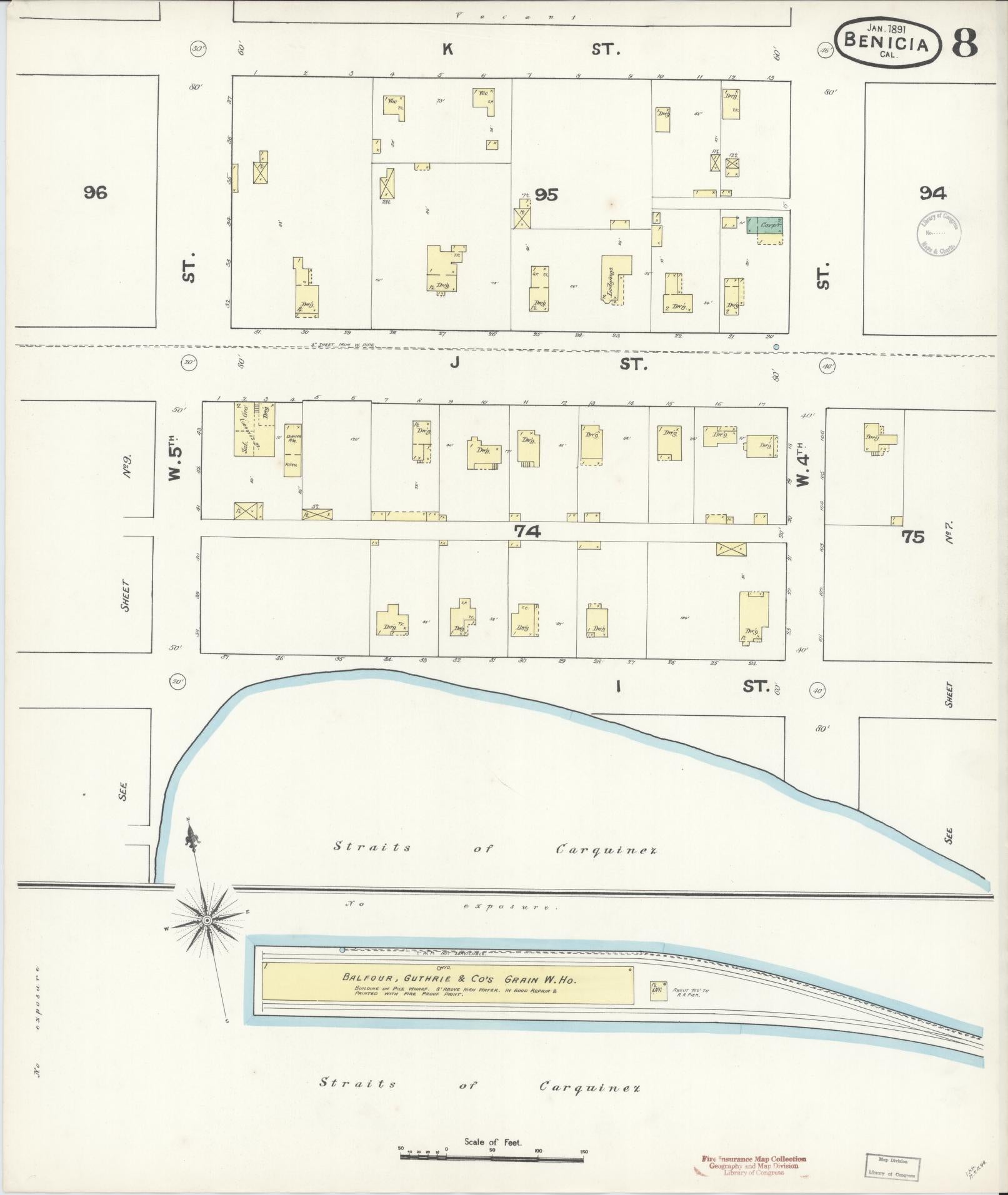 Sanborn Fire Insurance Map from Benicia, Solano County, California (1891), Sheet #0008 - Historic Sanborn Fire Insurance Map Print, vintage old map wall art, antique decor, genealogy gift, California California map