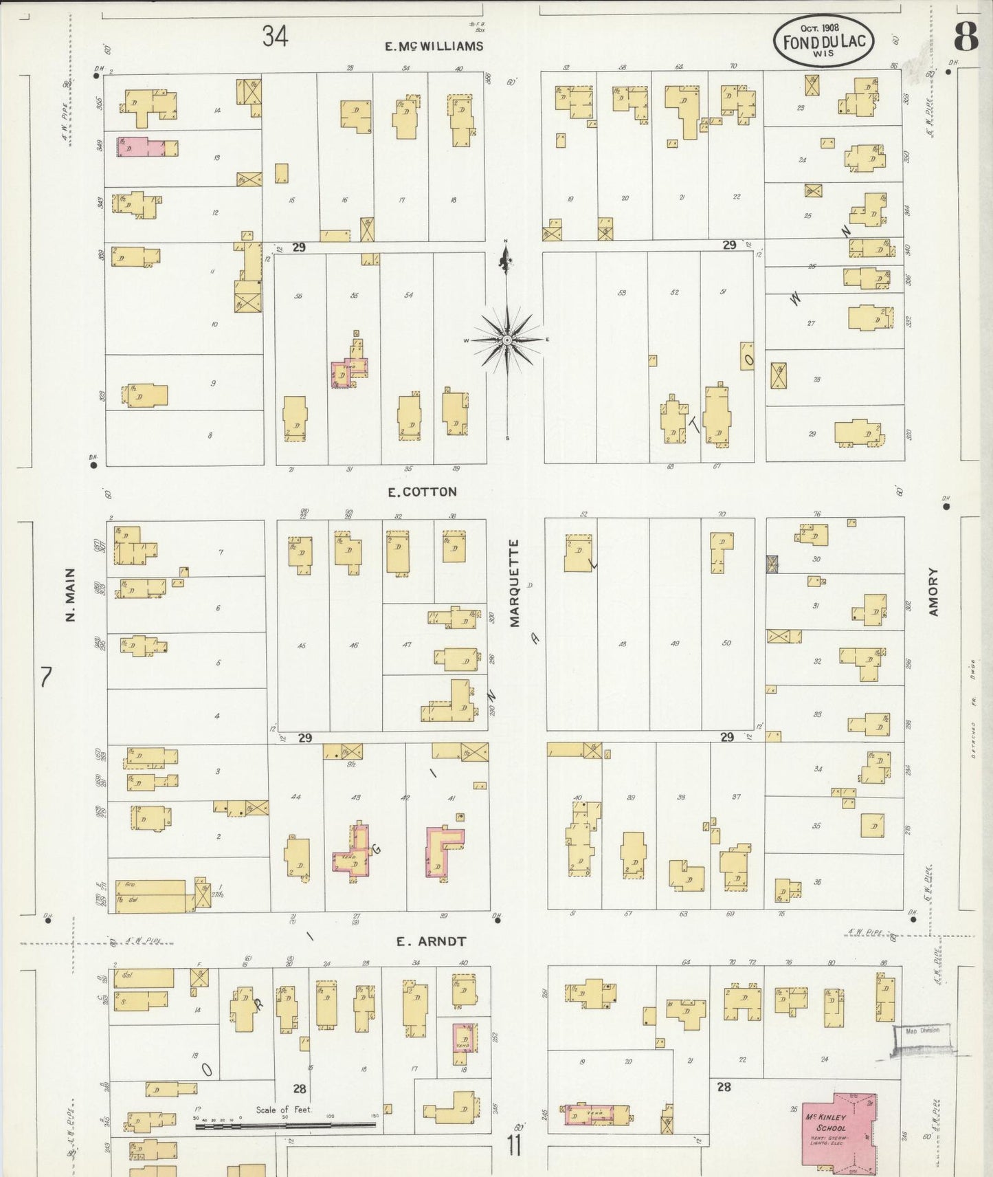 Sanborn Fire Insurance Map from Fond du Lac, Fond du Lac County, Wisconsin (1908), Sheet #0008 - Complete Map Set gallery image, historic Sanborn map, vintage wall art, Wisconsin Wisconsin