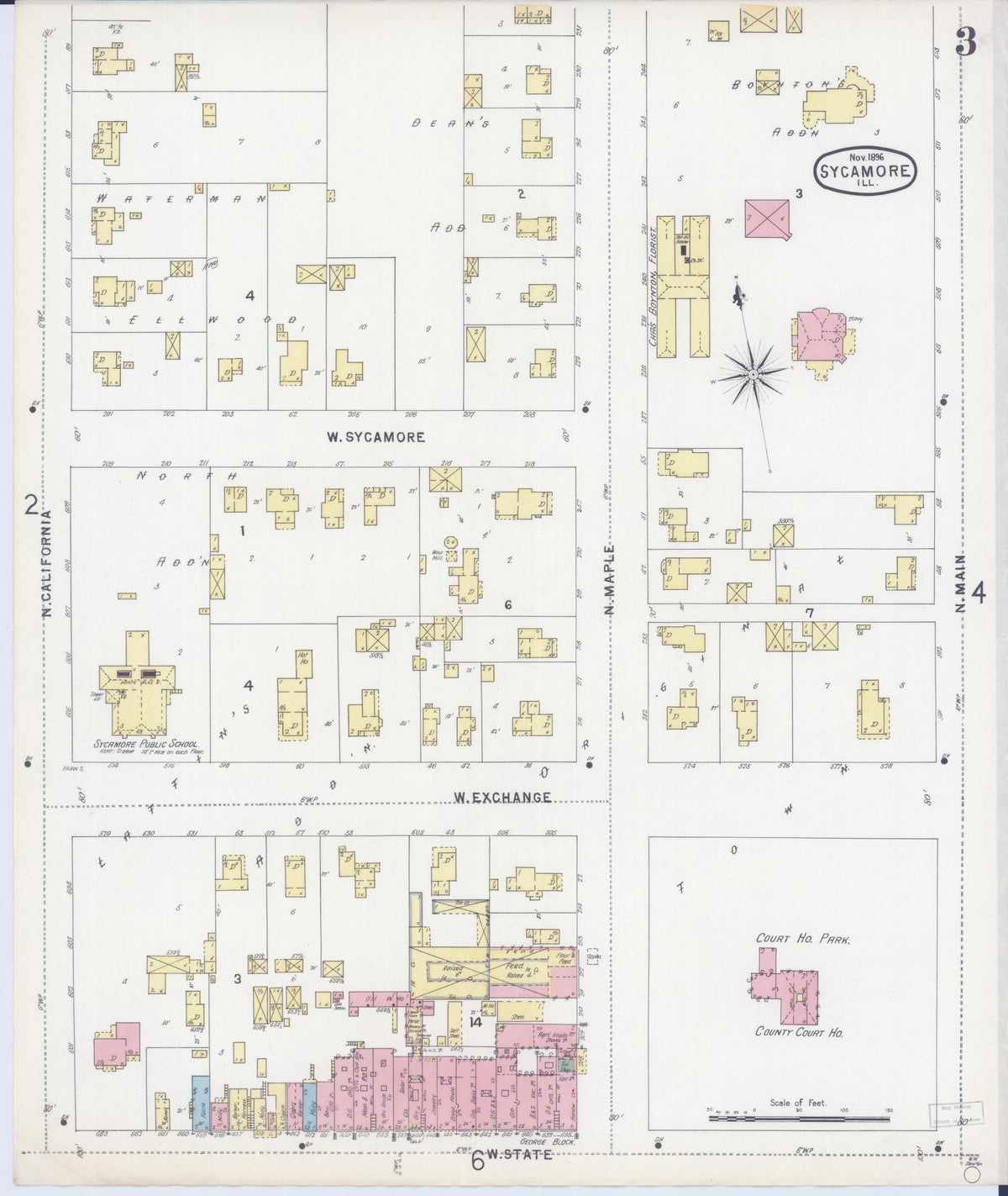 Sanborn Fire Insurance Map from Sycamore, De Kalb County, Illinois (1896), Sheet #0003 - Complete Map Set gallery image, historic Sanborn map, vintage wall art, Illinois Illinois