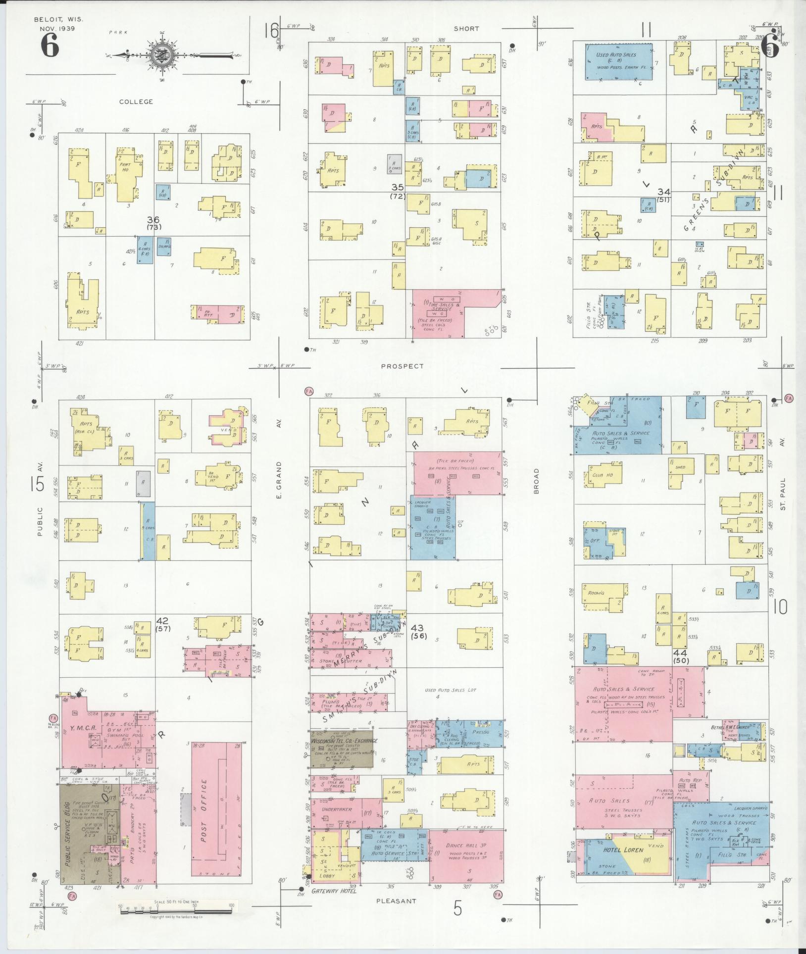 Sanborn Fire Insurance Map from Beloit, Rock County, Wisconsin (1939), Sheet #0006 - Complete Map Set gallery image, historic Sanborn map, vintage wall art, Wisconsin Wisconsin