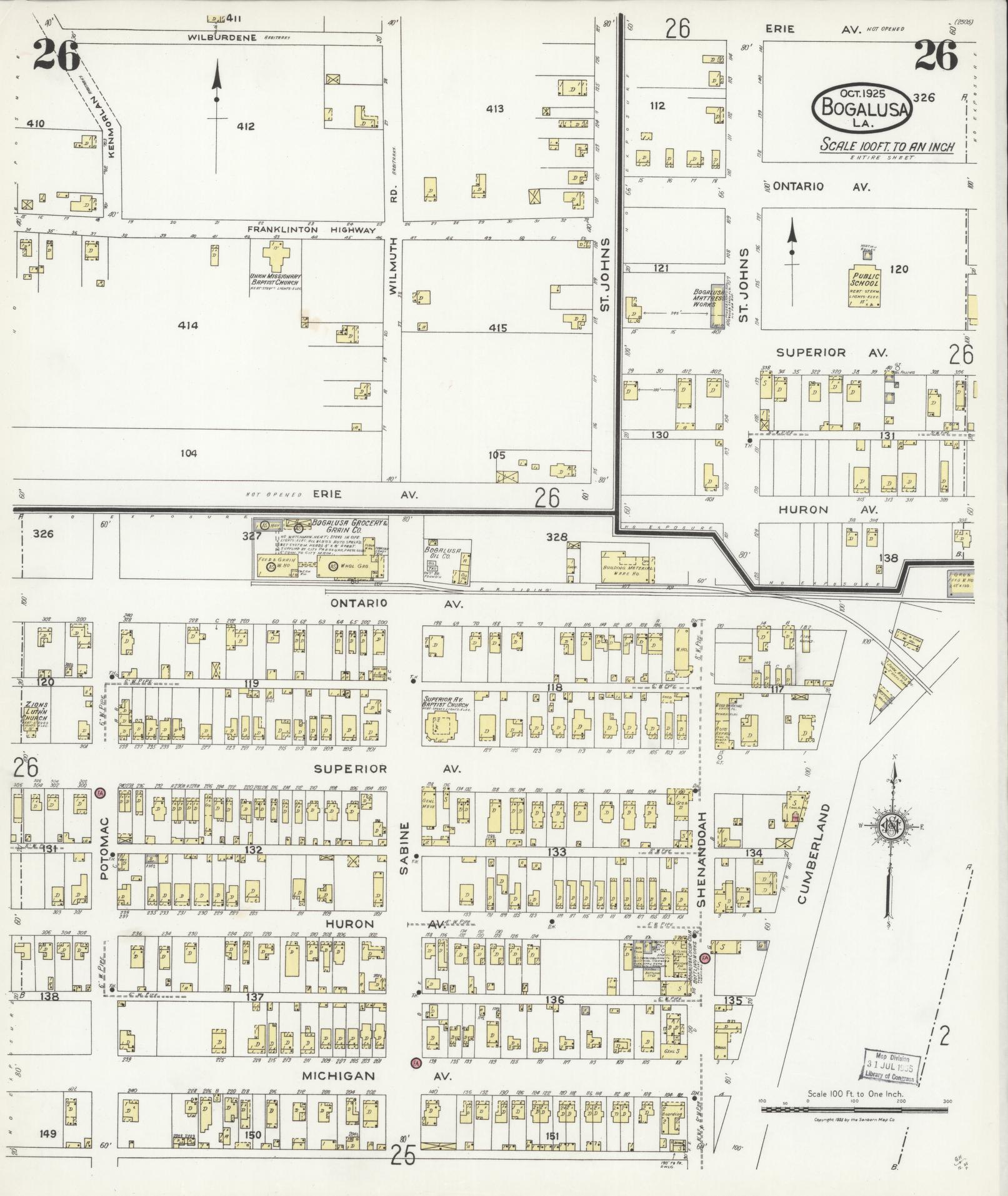Sanborn Fire Insurance Map from Bogalusa, Washington Parish, Louisiana (1925), Sheet #0026 - Historic Sanborn Fire Insurance Map Print, vintage old map wall art, antique decor, genealogy gift, Louisiana Louisiana map