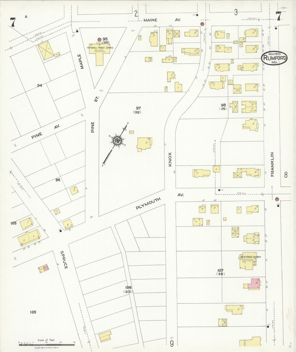 Sanborn Fire Insurance Map from Rumford, Oxford County, Maine (1923), Sheet #0007 - Complete Map Set gallery image, historic Sanborn map, vintage wall art, Maine Maine