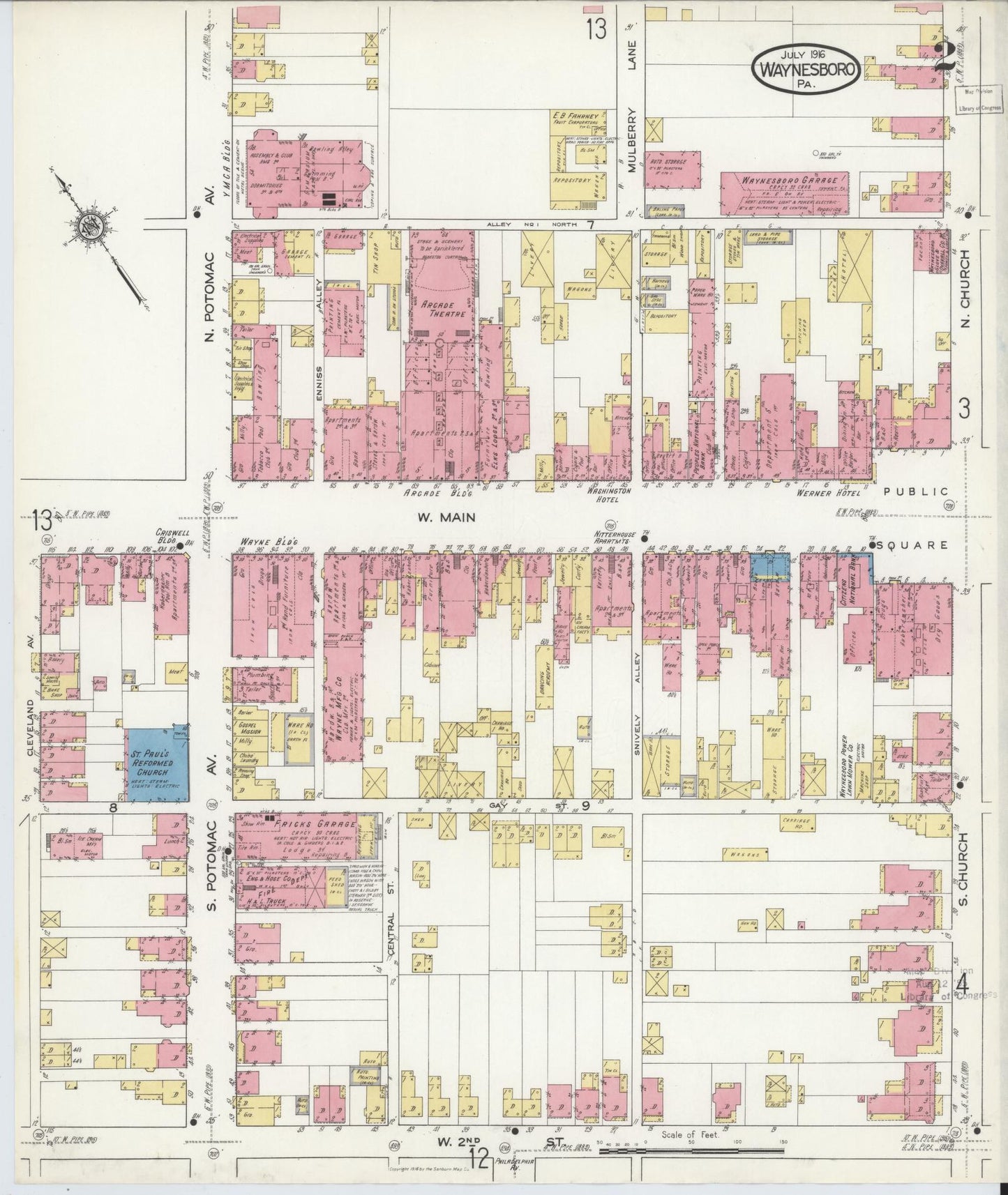 Sanborn Fire Insurance Map from Waynesboro, Franklin County, Pennsylvania (1916), Sheet #0002 - Historic Sanborn Fire Insurance Map Print, vintage old map wall art, antique decor, genealogy gift, Pennsylvania Pennsylvania map
