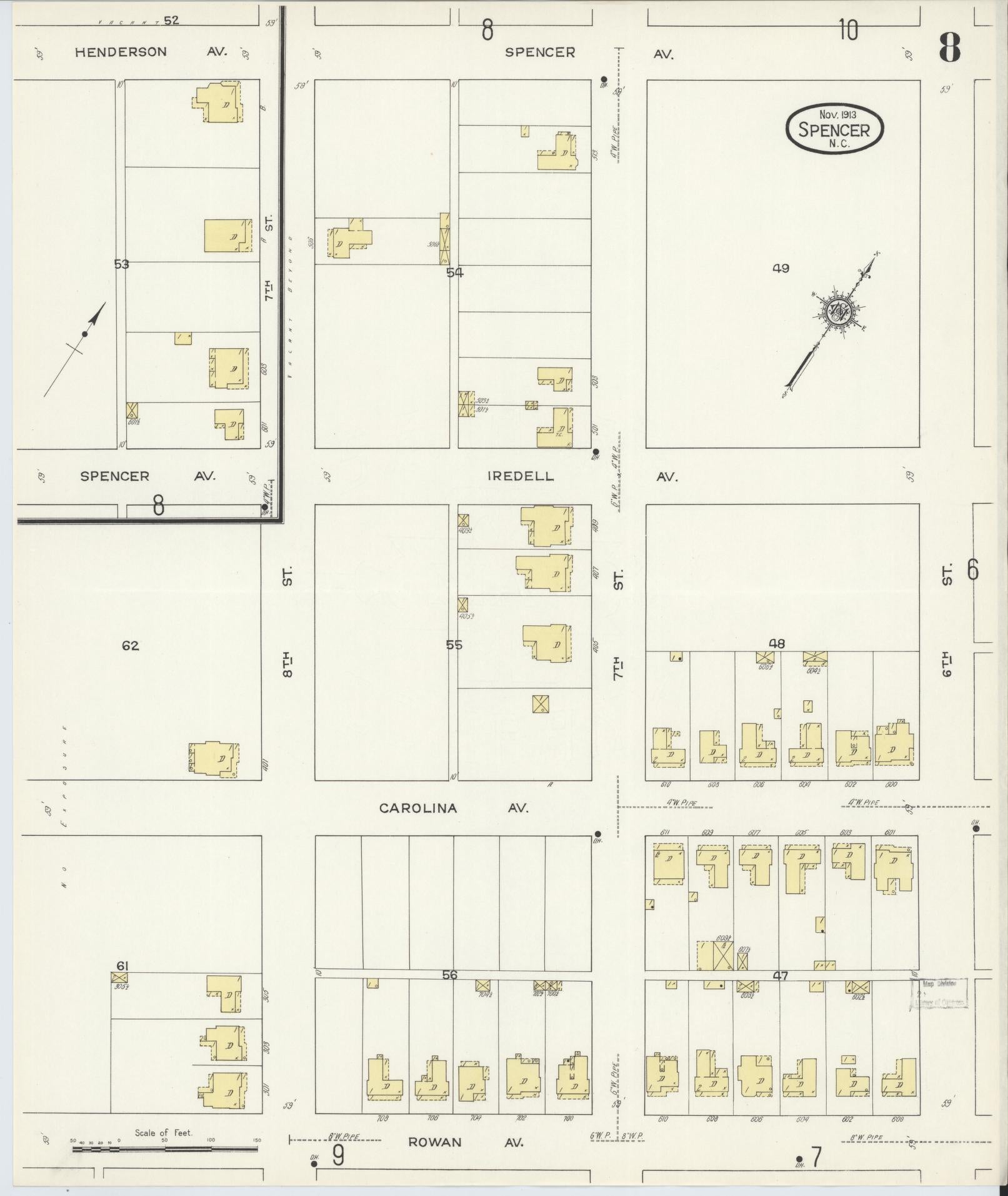 Sanborn Fire Insurance Map from Spencer, Rowan County, North Carolina (1913), Sheet #0008 - Historic Sanborn Fire Insurance Map Print, vintage old map wall art, antique decor, genealogy gift, North Carolina North Carolina map