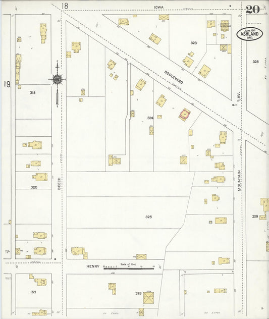 Sanborn Fire Insurance Map from Ashland, Jackson County, Oregon (1911), Sheet #0020 - Historic Sanborn Fire Insurance Map Print, vintage old map wall art, antique decor, genealogy gift, Oregon Oregon map