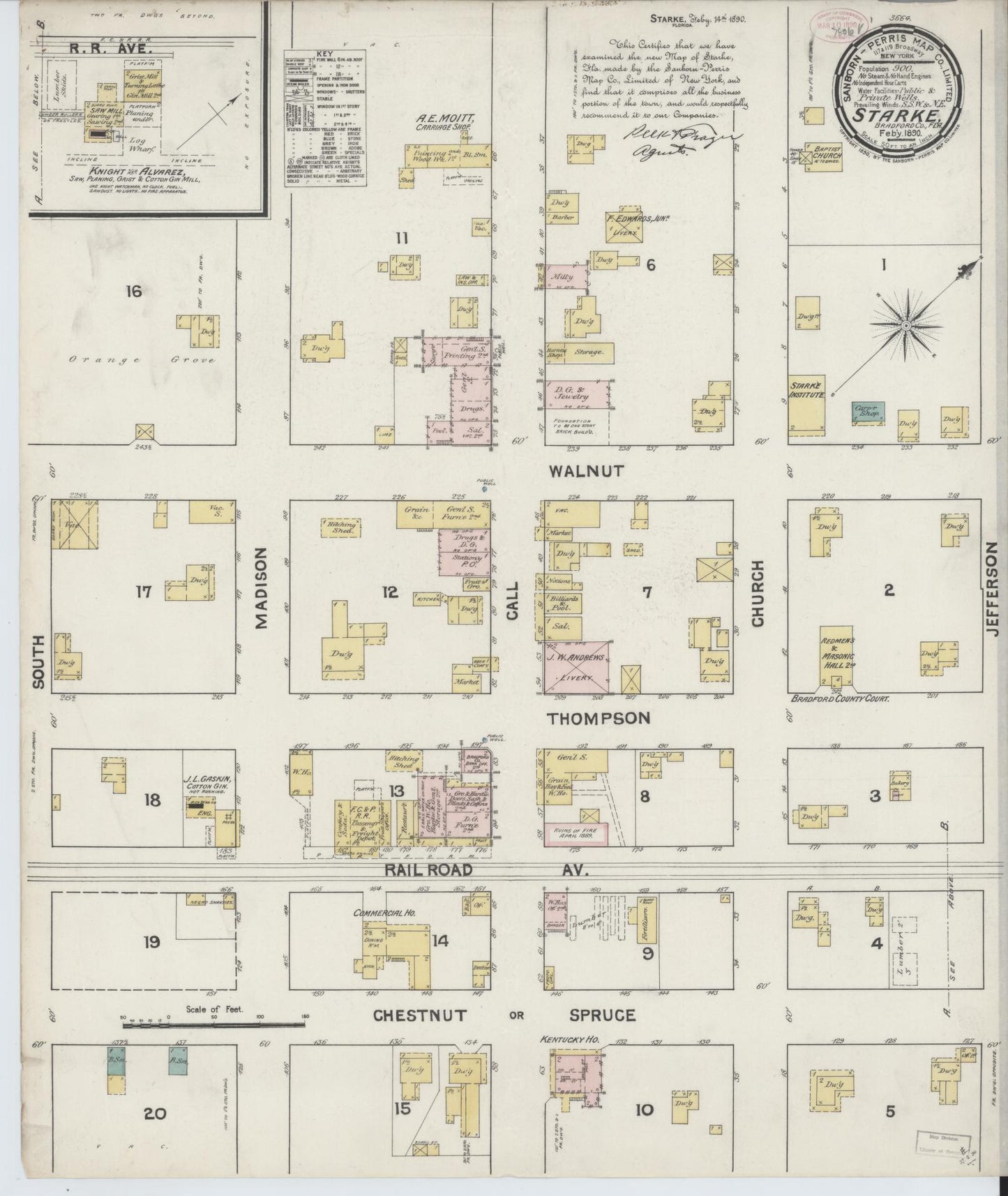 Sanborn Fire Insurance Map from Starke, Bradford County, Florida (1890), Sheet #0001 - Historic Sanborn Fire Insurance Map Print, vintage old map wall art, antique decor, genealogy gift, Florida Florida map
