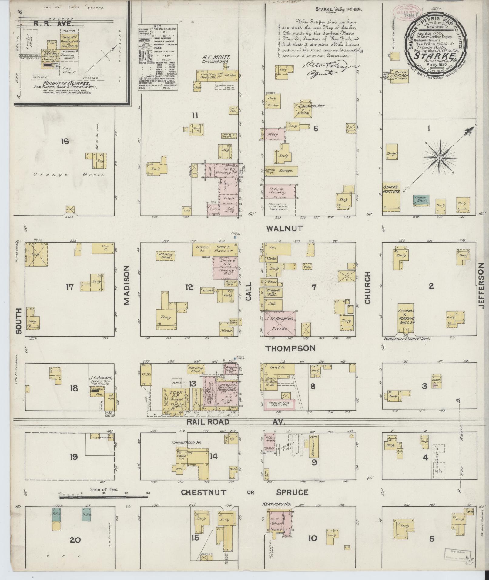Sanborn Fire Insurance Map from Starke, Bradford County, Florida (1890), Sheet #0001 - Historic Sanborn Fire Insurance Map Print, vintage old map wall art, antique decor, genealogy gift, Florida Florida map