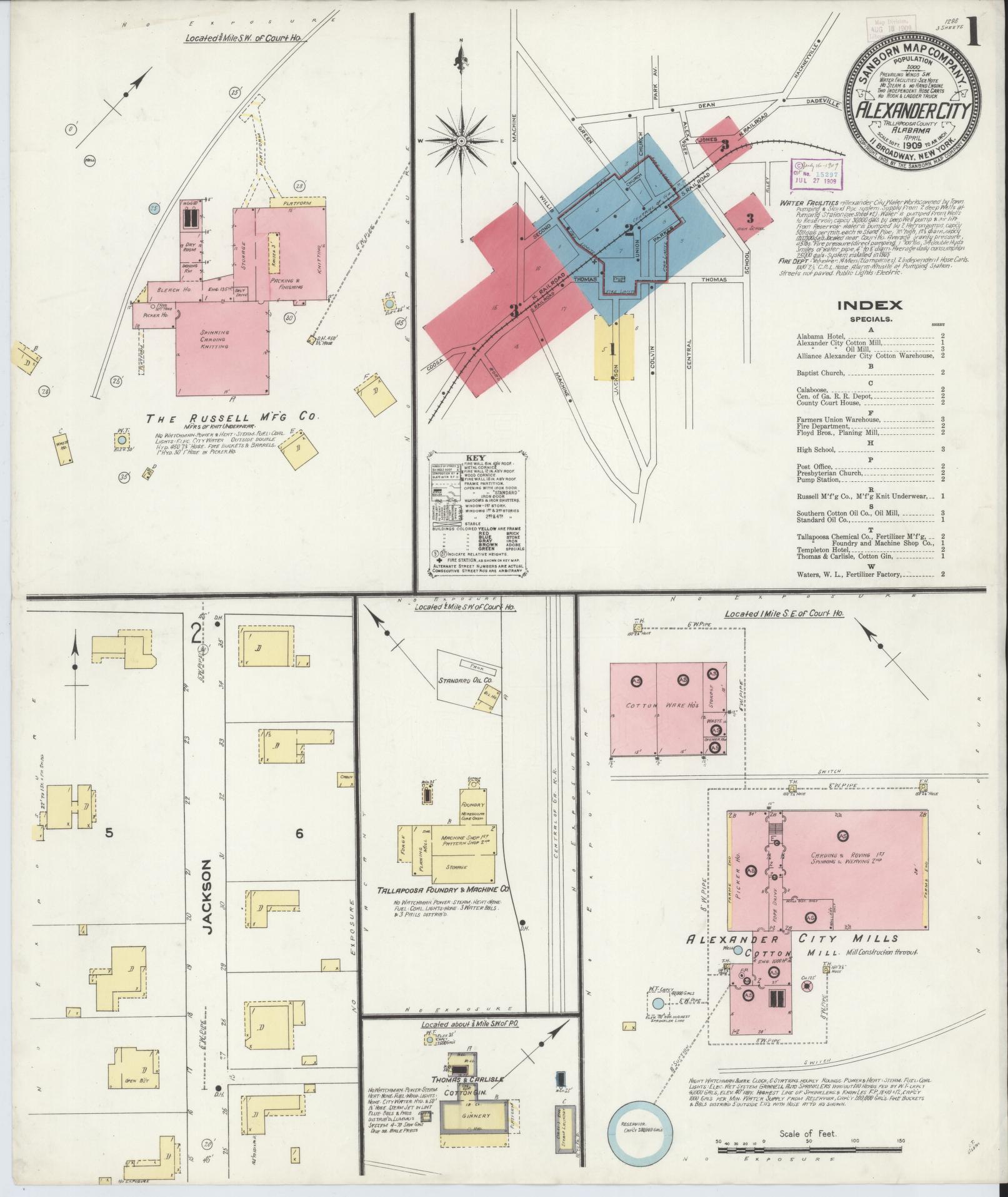 Sanborn Fire Insurance Map from Alexander City, Tallapoosa County, Alabama (1909), Sheet #0001 - Historic Sanborn Fire Insurance Map Print, vintage old map wall art, antique decor, genealogy gift, Alabama Alabama map