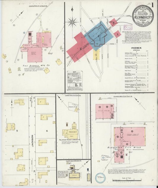 Sanborn Fire Insurance Map from Alexander City, Tallapoosa County, Alabama (1909), Sheet #0001 - Historic Sanborn Fire Insurance Map Print, vintage old map wall art, antique decor, genealogy gift, Alabama Alabama map