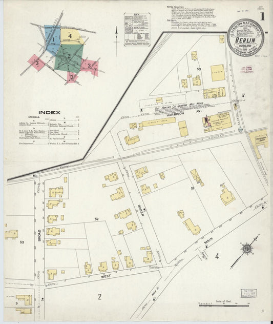 Sanborn Fire Insurance Map from Berlin, Worcester County, Maryland (1911), Sheet #0001 - Historic Sanborn Fire Insurance Map Print, vintage old map wall art, antique decor, genealogy gift, Maryland Maryland map