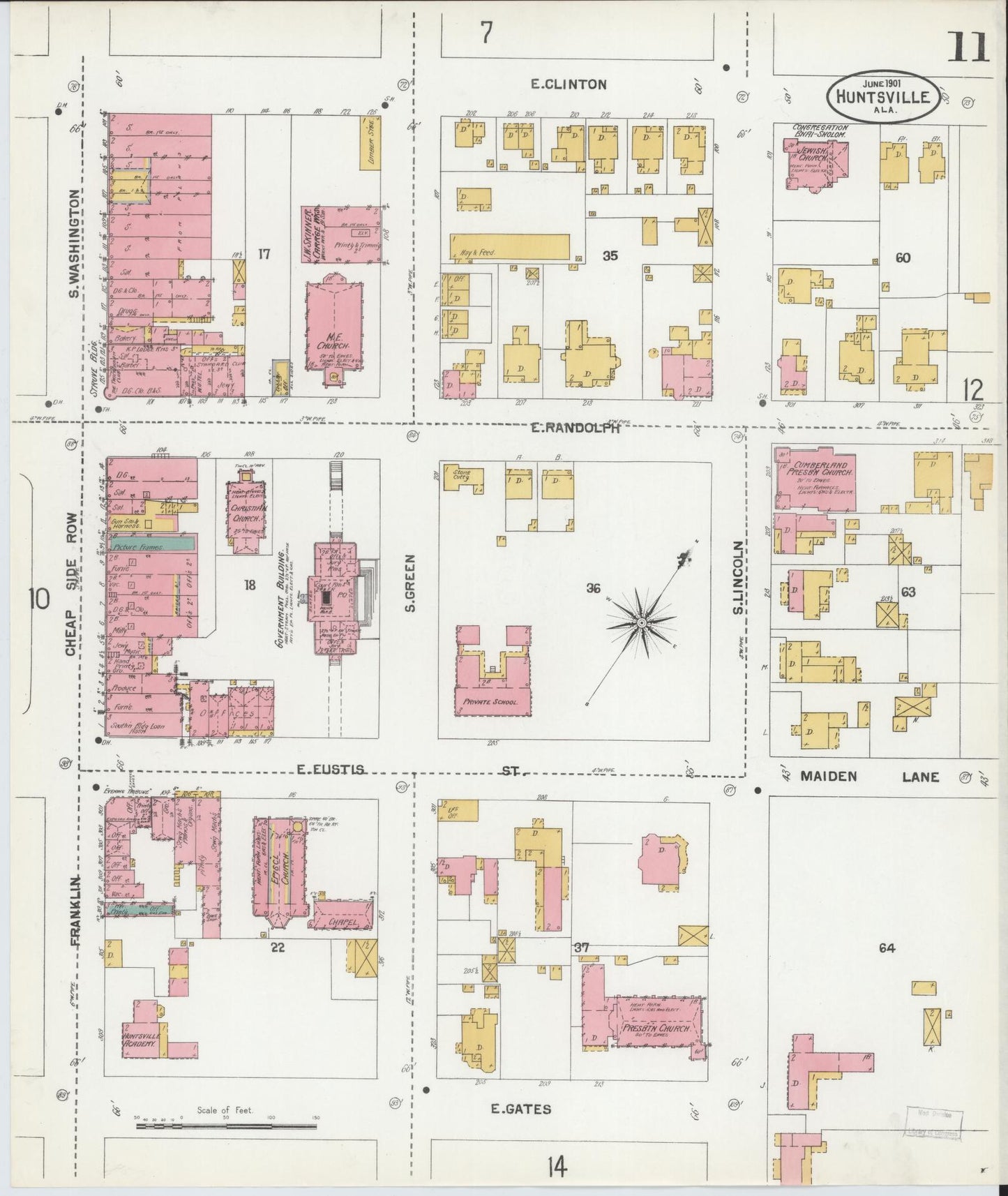 Sanborn Fire Insurance Map from Huntsville, Madison County, Alabama (1901), Sheet #0011 - Complete Map Set gallery image, historic Sanborn map, vintage wall art, Alabama Alabama