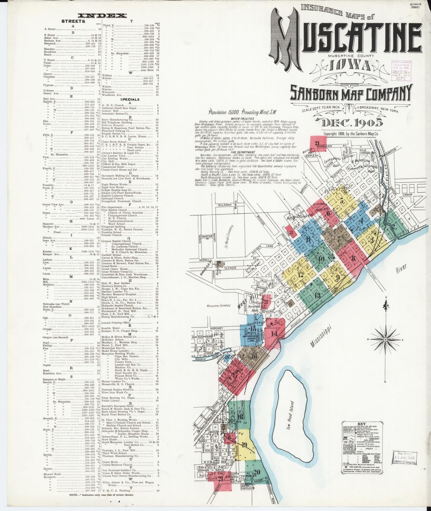 Sanborn Fire Insurance Map from Muscatine, Muscatine County, Iowa (1905), Sheet #0001 - Historic Sanborn Fire Insurance Map Print