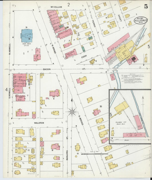 Sanborn Fire Insurance Map from Hillsdale, Hillsdale County, Michigan (1900), Sheet #0005 - Historic Sanborn Fire Insurance Map Print, vintage old map wall art, antique decor, genealogy gift, Michigan Michigan map