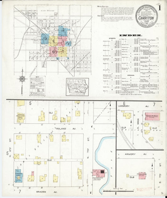 Sanborn Fire Insurance Map from Chariton, Lucas County, Iowa (1913), Sheet #0001 - Historic Sanborn Fire Insurance Map Print, vintage old map wall art