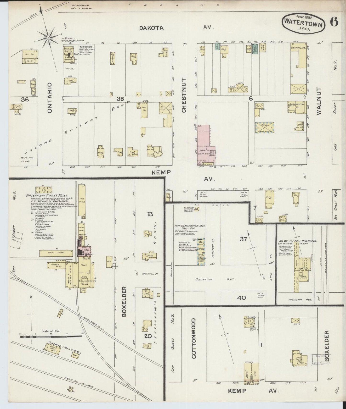 Sanborn Fire Insurance Map from Watertown, Codington County, South Dakota (1888), Sheet #0006 - Historic Sanborn Fire Insurance Map Print, vintage old map wall art, antique decor, genealogy gift, South Dakota South Dakota map