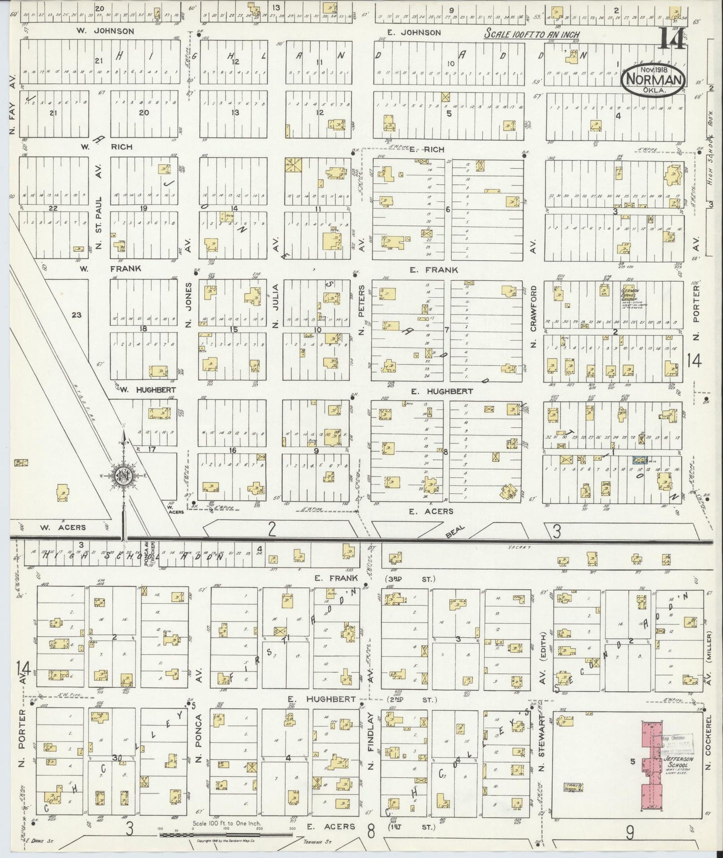 Sanborn Fire Insurance Map from Norman, Cleveland County, Oklahoma (1918), Sheet #0014 - Complete Map Set gallery image, historic Sanborn map, vintage wall art, Oklahoma Oklahoma