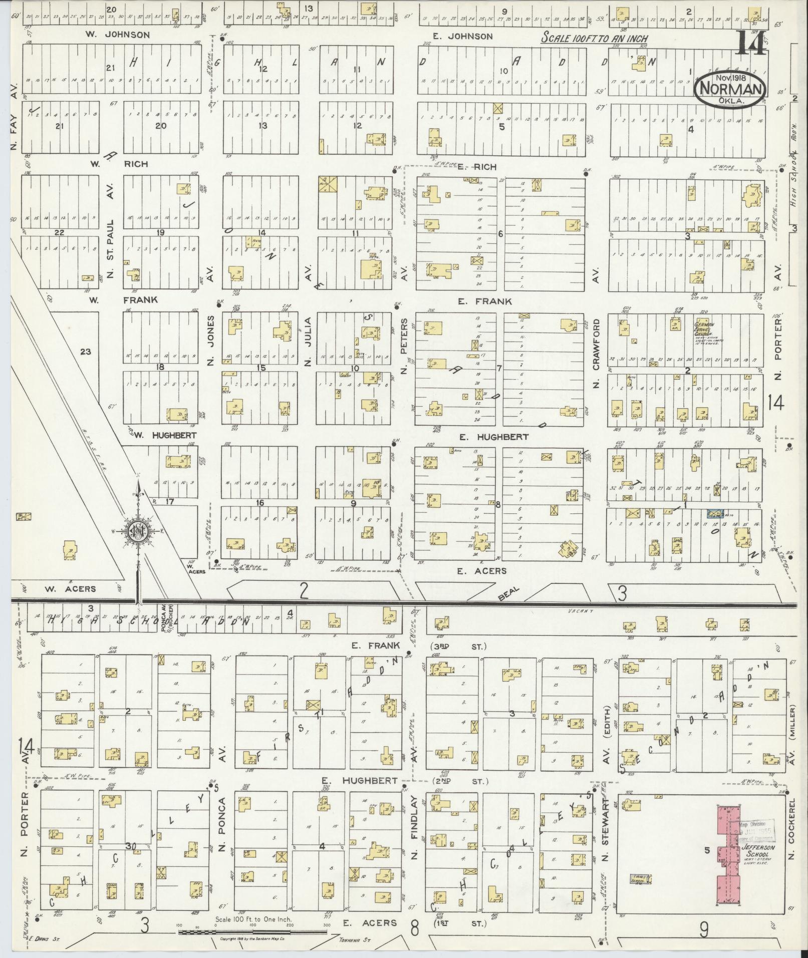 Sanborn Fire Insurance Map from Norman, Cleveland County, Oklahoma (1918), Sheet #0014 - Complete Map Set gallery image, historic Sanborn map, vintage wall art, Oklahoma Oklahoma