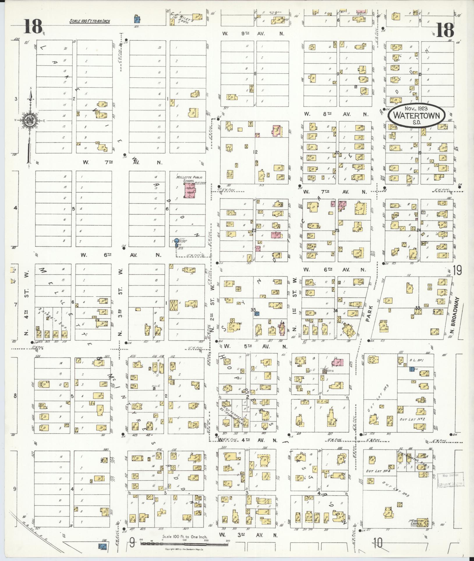 Sanborn Fire Insurance Map from Watertown, Codington County, South Dakota (1923), Sheet #0018 - Historic Sanborn Fire Insurance Map Print, vintage old map wall art, antique decor, genealogy gift, South Dakota South Dakota map