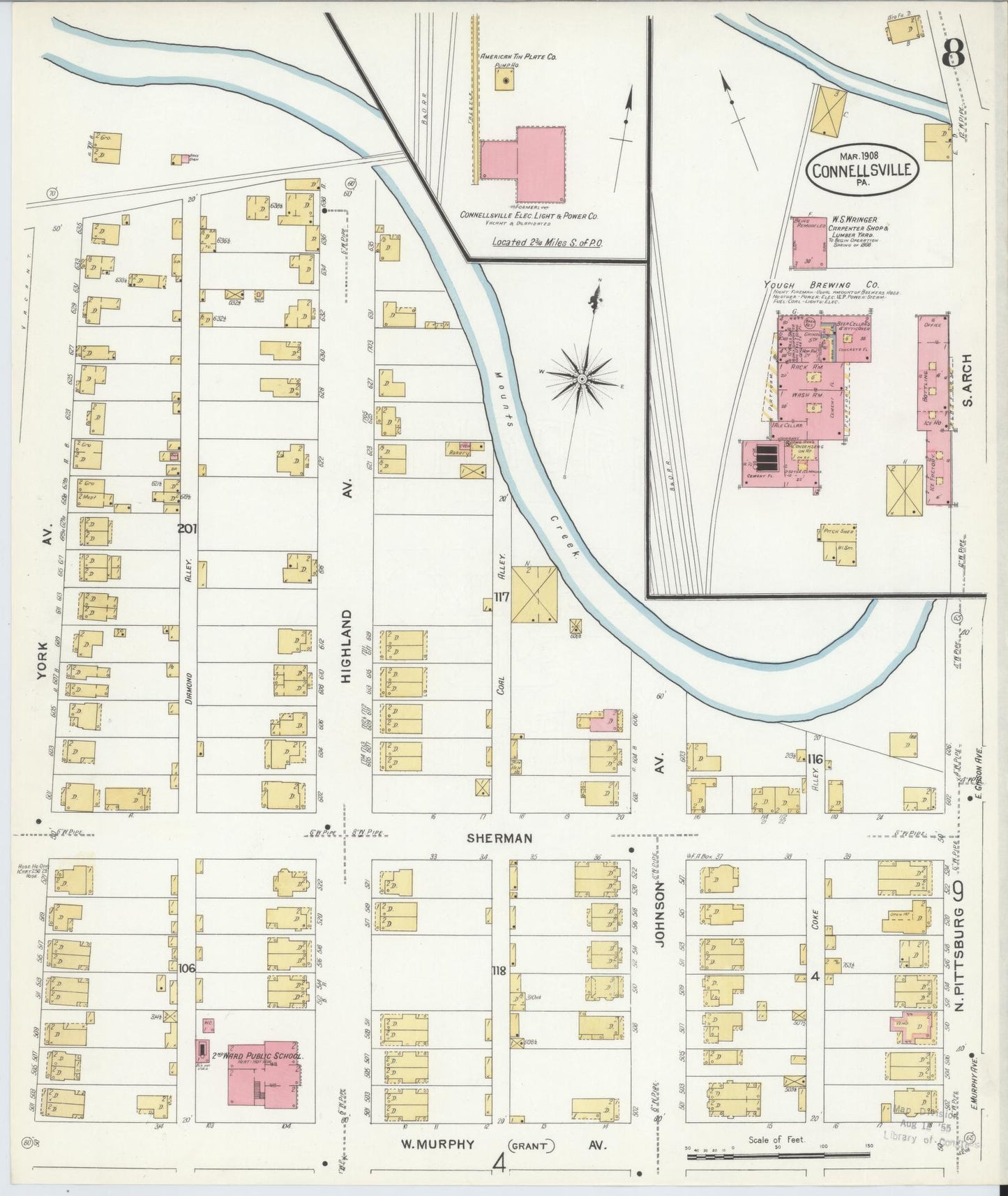 Sanborn Fire Insurance Map from Connellsville, Fayette County, Pennsylvania (1908), Sheet #0008 - Historic Sanborn Fire Insurance Map Print, vintage old map wall art, antique decor, genealogy gift, Pennsylvania Pennsylvania map