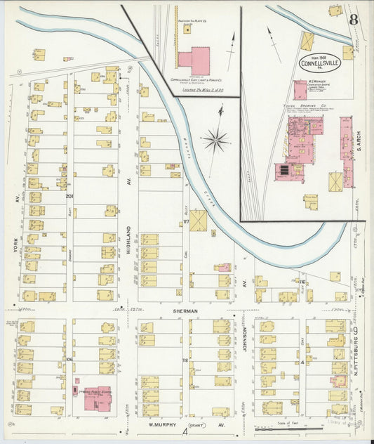 Sanborn Fire Insurance Map from Connellsville, Fayette County, Pennsylvania (1908), Sheet #0008 - Historic Sanborn Fire Insurance Map Print, vintage old map wall art, antique decor, genealogy gift, Pennsylvania Pennsylvania map