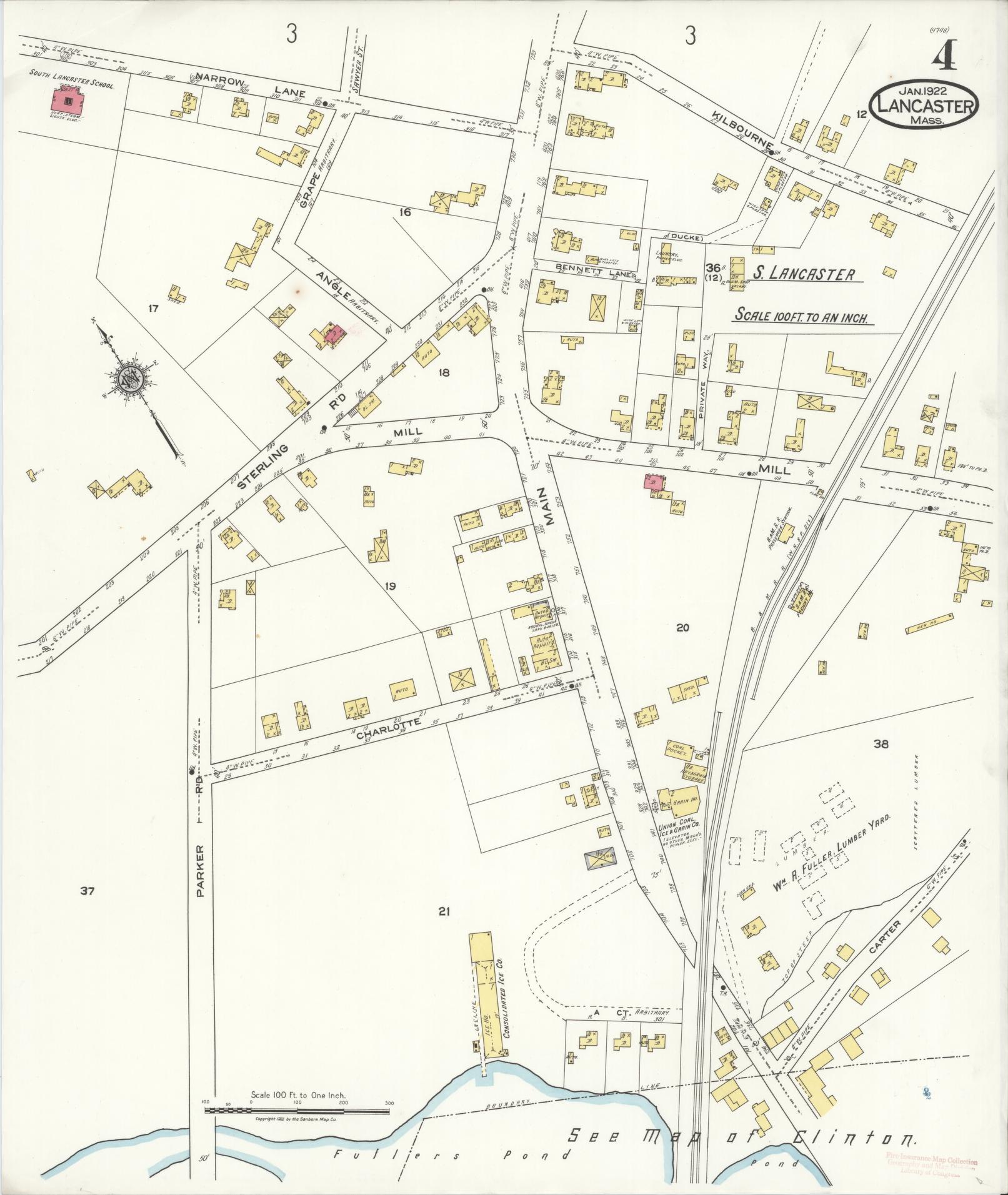 Sanborn Fire Insurance Map from Lancaster, Worcester County, Massachusetts (1922), Sheet #0004 - Historic Sanborn Fire Insurance Map Print, vintage old map wall art, antique decor, genealogy gift, Massachusetts Massachusetts map