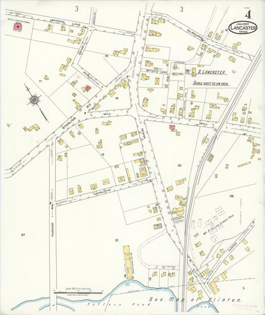 Sanborn Fire Insurance Map from Lancaster, Worcester County, Massachusetts (1922), Sheet #0004 - Historic Sanborn Fire Insurance Map Print, vintage old map wall art, antique decor, genealogy gift, Massachusetts Massachusetts map