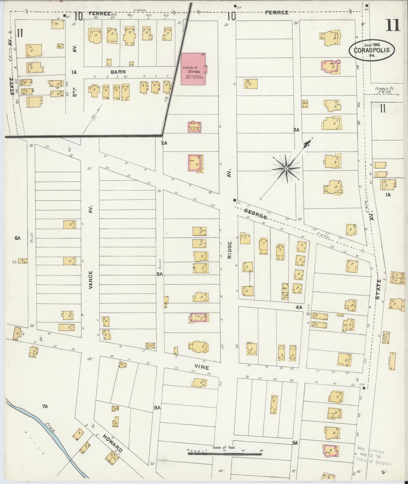 Sanborn Fire Insurance Map from Coraopolis, Allegheny County, Pennsylvania (1906), Sheet #0011 - Historic Sanborn Fire Insurance Map Print, vintage old map wall art, antique decor, genealogy gift, Pennsylvania Pennsylvania map