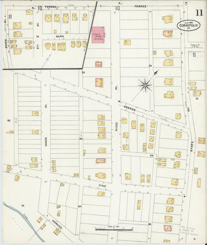 Sanborn Fire Insurance Map from Coraopolis, Allegheny County, Pennsylvania (1906), Sheet #0011 - Historic Sanborn Fire Insurance Map Print, vintage old map wall art, antique decor, genealogy gift, Pennsylvania Pennsylvania map