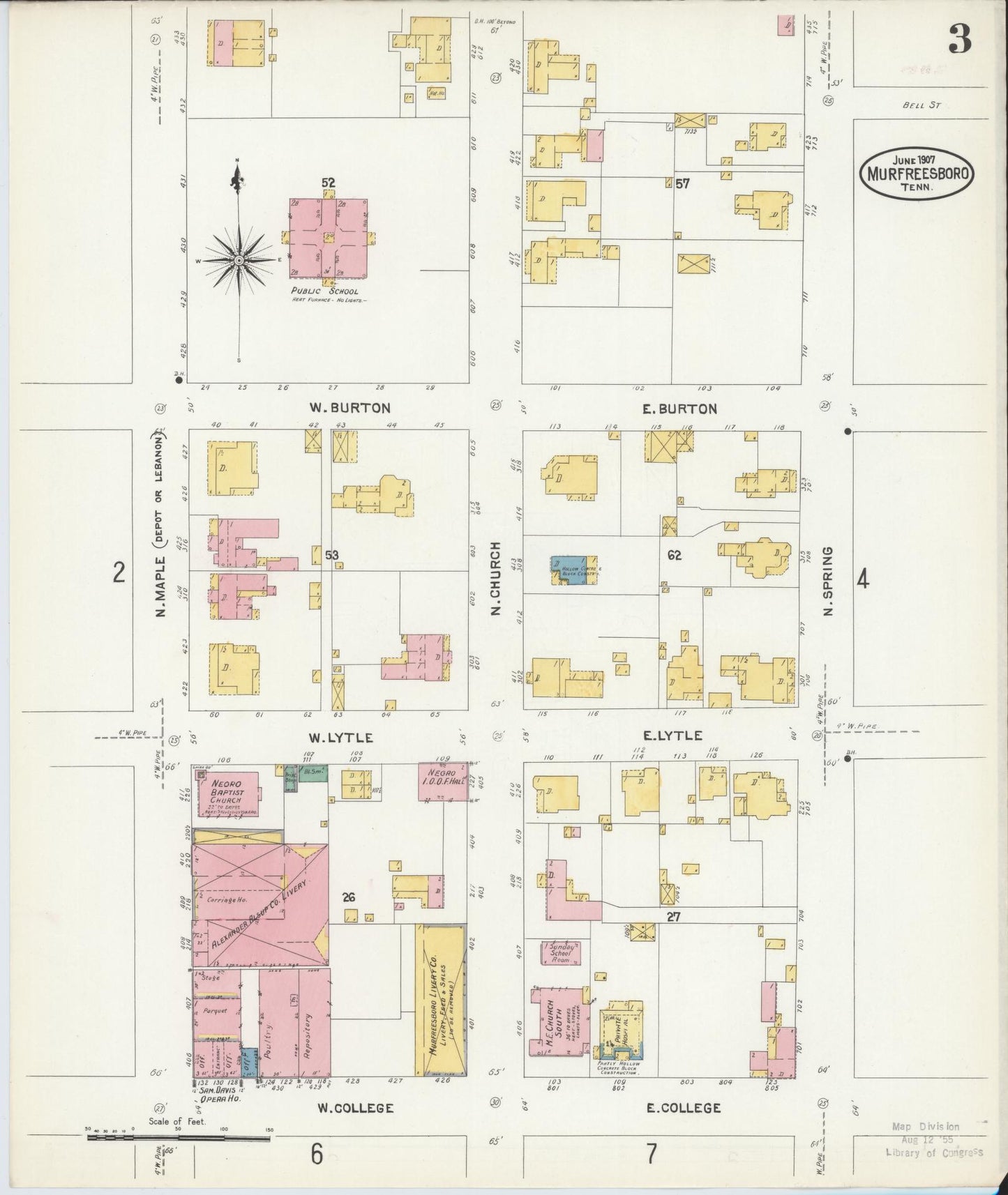 Sanborn Fire Insurance Map from Murfreesboro, Rutherford County, Tennessee (1907), Sheet #0003 - Historic Sanborn Fire Insurance Map Print, vintage old map wall art, antique decor, genealogy gift, Tennessee Tennessee map