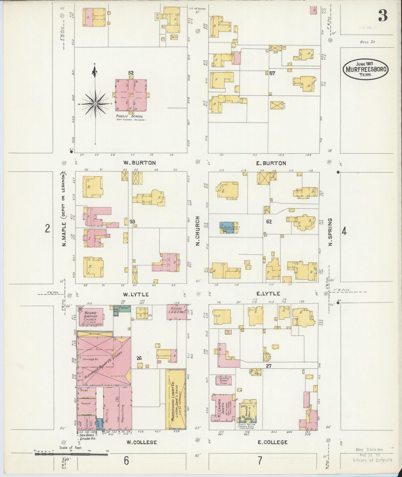 Sanborn Fire Insurance Map from Murfreesboro, Rutherford County, Tennessee (1907), Sheet #0003 - Historic Sanborn Fire Insurance Map Print, vintage old map wall art, antique decor, genealogy gift, Tennessee Tennessee map