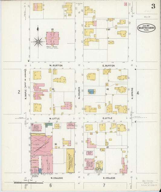 Sanborn Fire Insurance Map from Murfreesboro, Rutherford County, Tennessee (1907), Sheet #0003 - Historic Sanborn Fire Insurance Map Print, vintage old map wall art, antique decor, genealogy gift, Tennessee Tennessee map