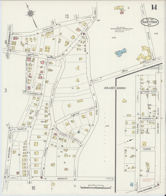 Sanborn Fire Insurance Map from Tarrytown, Westchester County, New York (1915), Sheet #0014 - Historic Sanborn Fire Insurance Map Print, vintage old map wall art, antique decor, genealogy gift, New York New York map