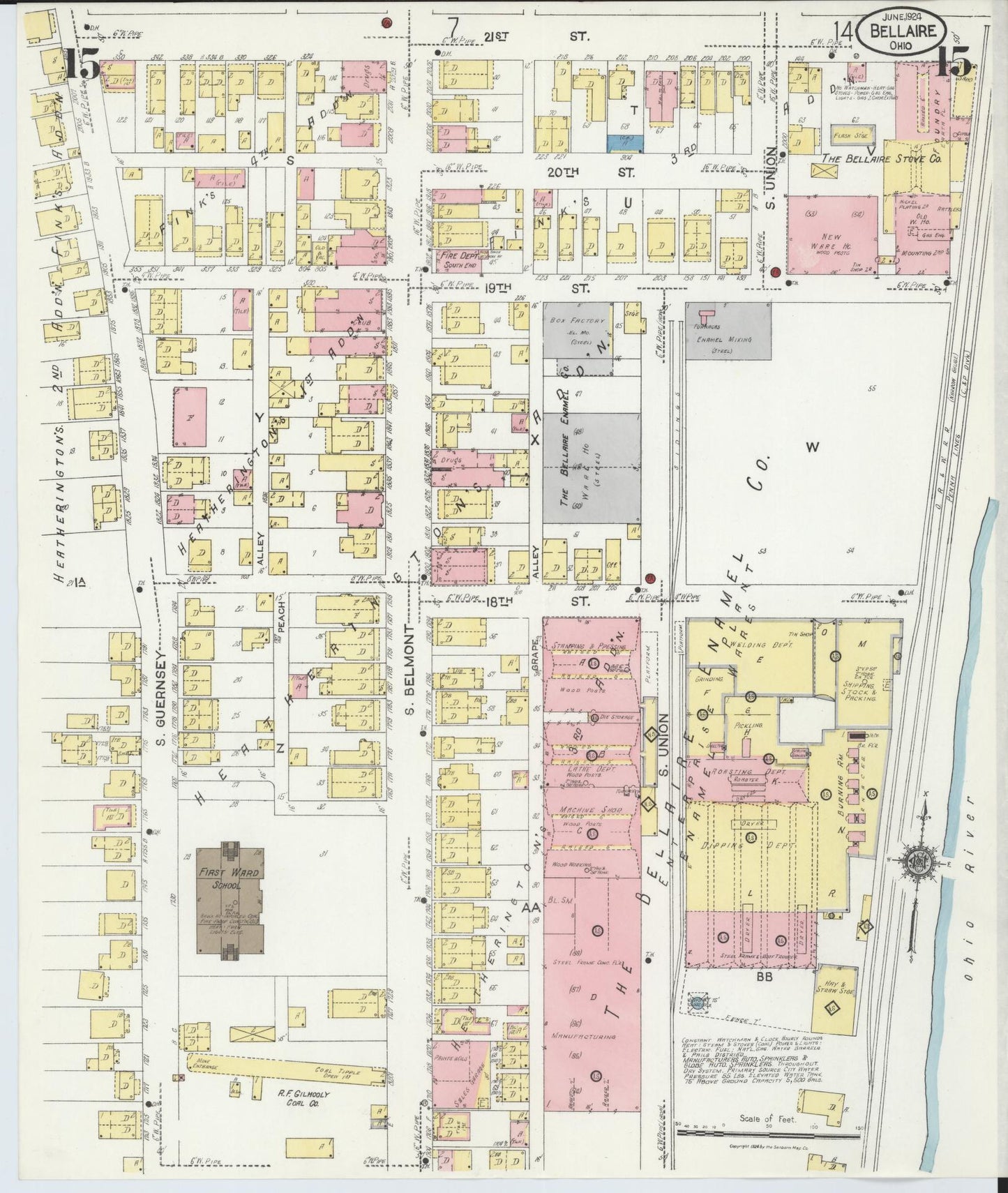 Sanborn Fire Insurance Map from Bellaire, Belmont County, Ohio (1924), Sheet #0015 - Historic Sanborn Fire Insurance Map Print, vintage old map wall art, antique decor, genealogy gift, Ohio Ohio map