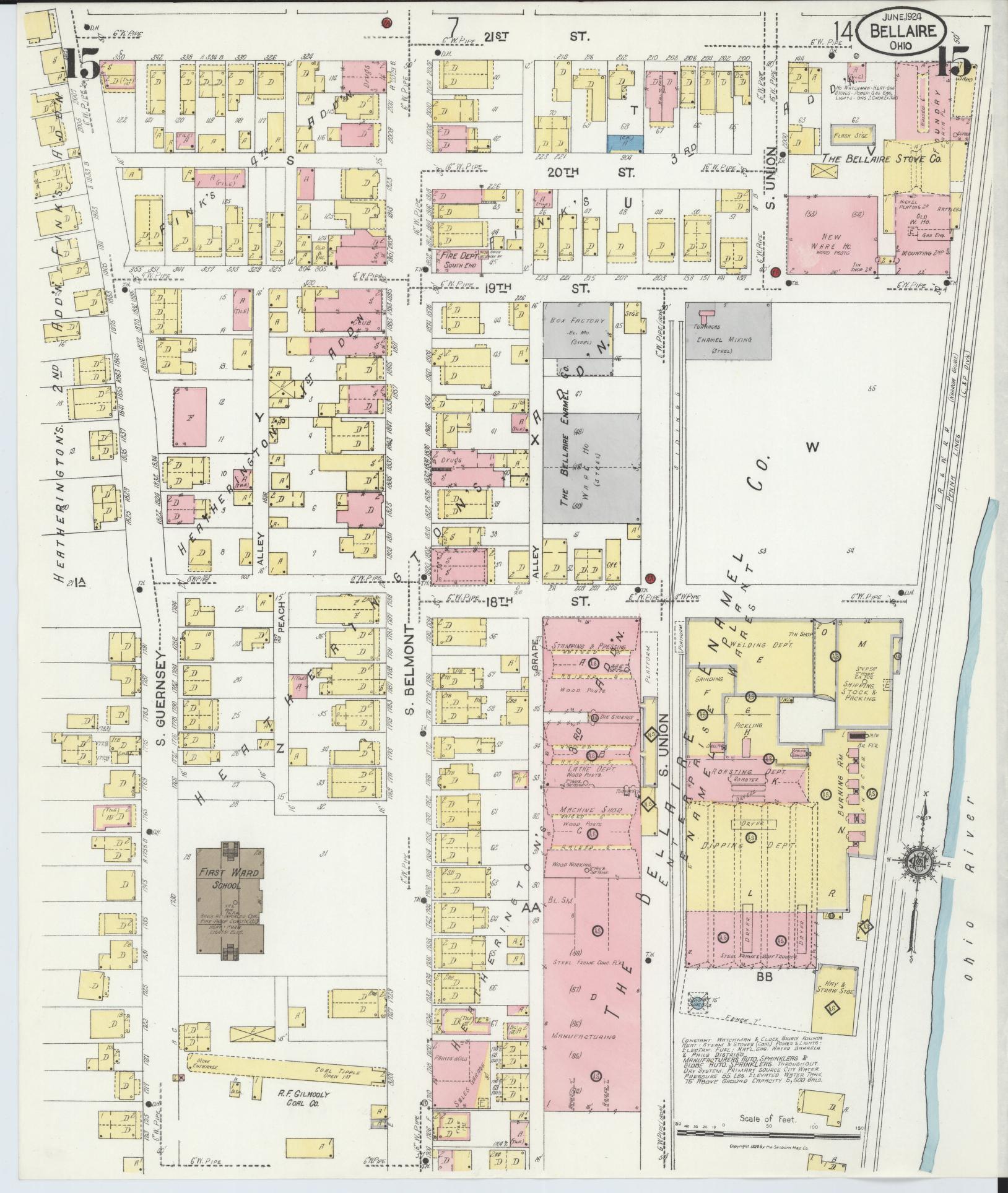 Sanborn Fire Insurance Map from Bellaire, Belmont County, Ohio (1924), Sheet #0015 - Historic Sanborn Fire Insurance Map Print, vintage old map wall art, antique decor, genealogy gift, Ohio Ohio map