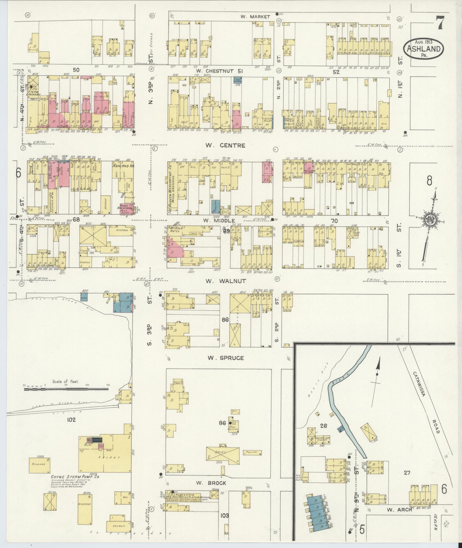 Sanborn Fire Insurance Map from Ashland, Schuylkill County, Pennsylvania (1913), Sheet #0007 - Historic Sanborn Fire Insurance Map Print, vintage old map wall art, antique decor, genealogy gift, Pennsylvania Pennsylvania map