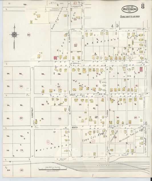 Sanborn Fire Insurance Map from Whitesboro, Grayson County, Texas (1943), Sheet #0008 - Historic Sanborn Fire Insurance Map Print, vintage old map wall art, antique decor, genealogy gift, Texas Texas map