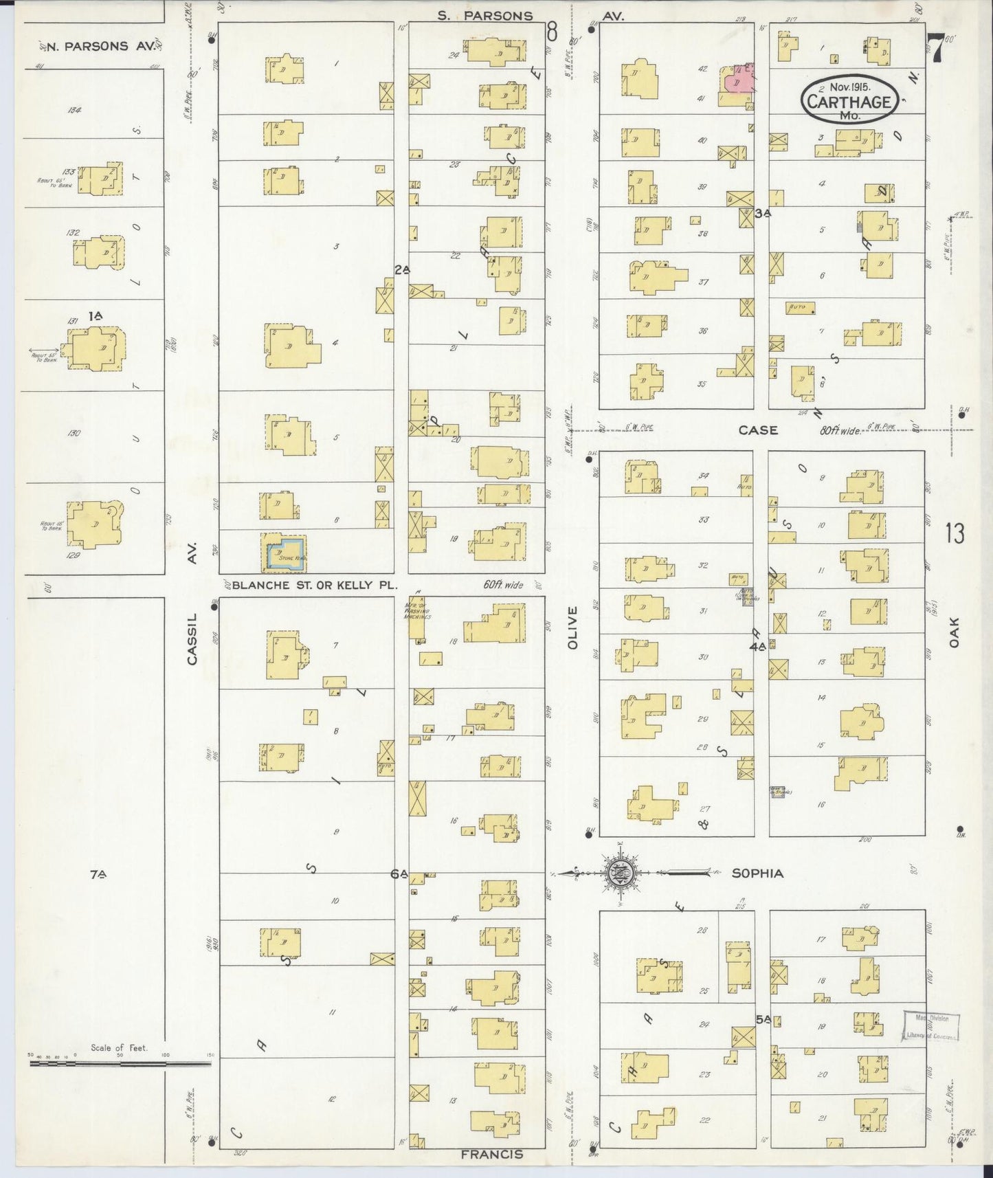 Sanborn Fire Insurance Map from Carthage, Jasper County, Missouri (1915), Sheet #0007 - Historic Sanborn Fire Insurance Map Print, vintage old map wall art, antique decor, genealogy gift, Missouri Missouri map