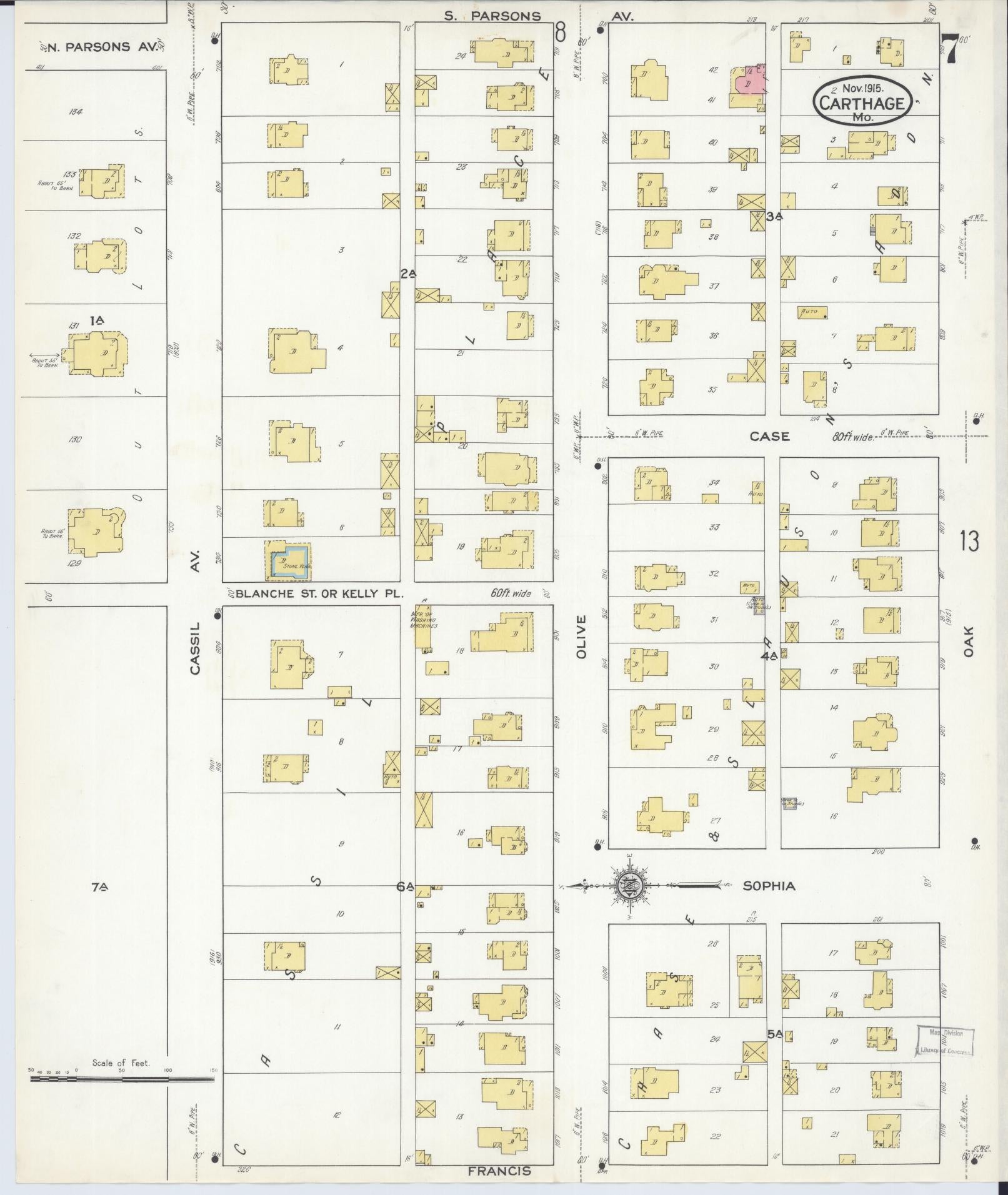Sanborn Fire Insurance Map from Carthage, Jasper County, Missouri (1915), Sheet #0007 - Historic Sanborn Fire Insurance Map Print, vintage old map wall art, antique decor, genealogy gift, Missouri Missouri map