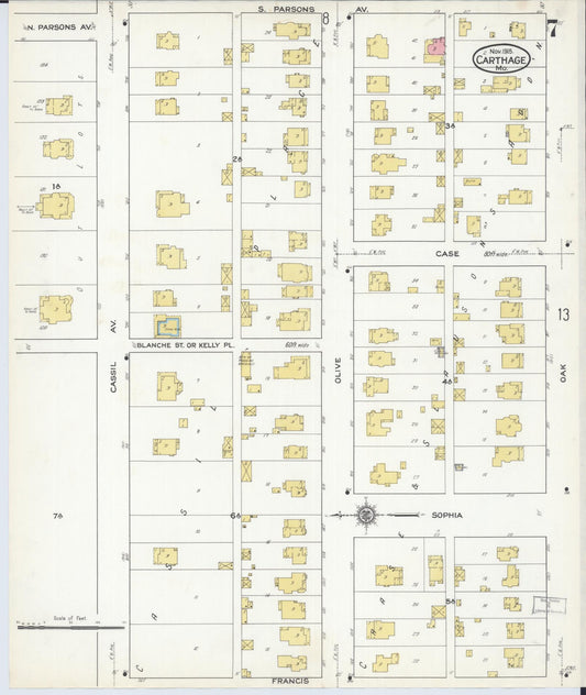 Sanborn Fire Insurance Map from Carthage, Jasper County, Missouri (1915), Sheet #0007 - Historic Sanborn Fire Insurance Map Print, vintage old map wall art, antique decor, genealogy gift, Missouri Missouri map