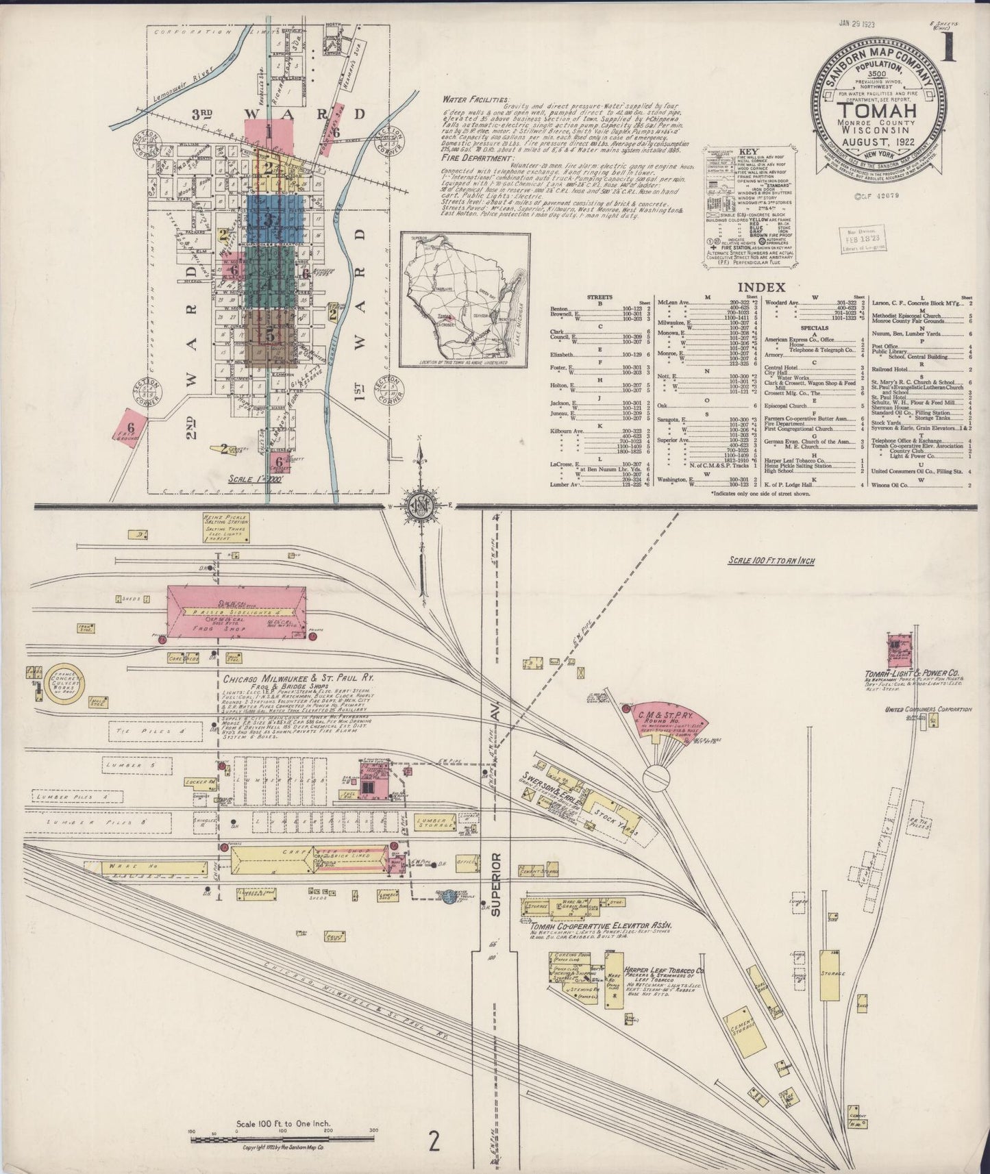 Sanborn Fire Insurance Map from Tomah, Monroe County, Wisconsin (1922), Sheet #0001 - Historic Sanborn Fire Insurance Map Print, vintage old map wall art, antique decor, genealogy gift, Wisconsin Wisconsin map