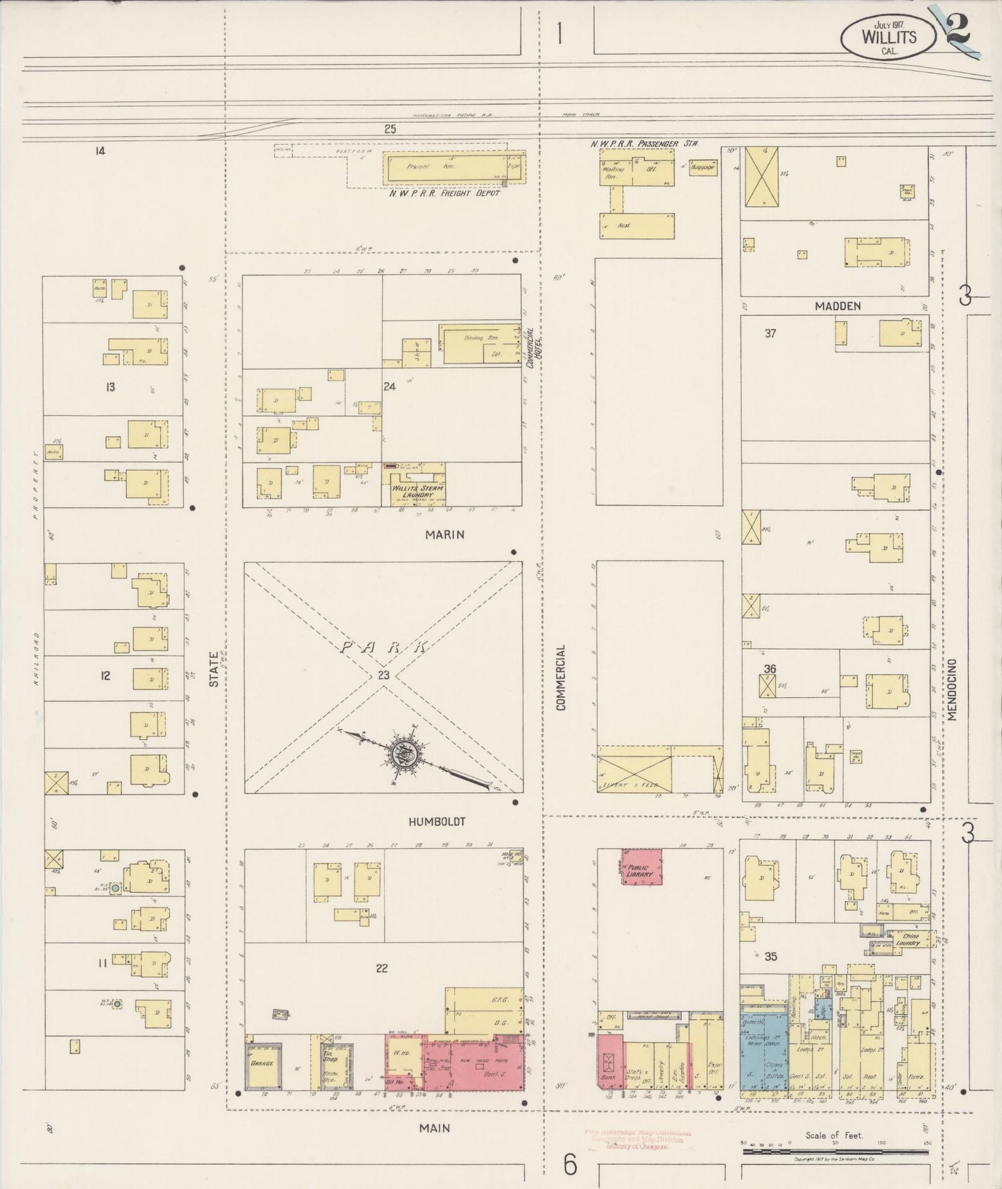 Sanborn Fire Insurance Map from Willits, Mendocino County, California (1917), Sheet #0002 - Complete Map Set gallery image, historic Sanborn map, vintage wall art, California California