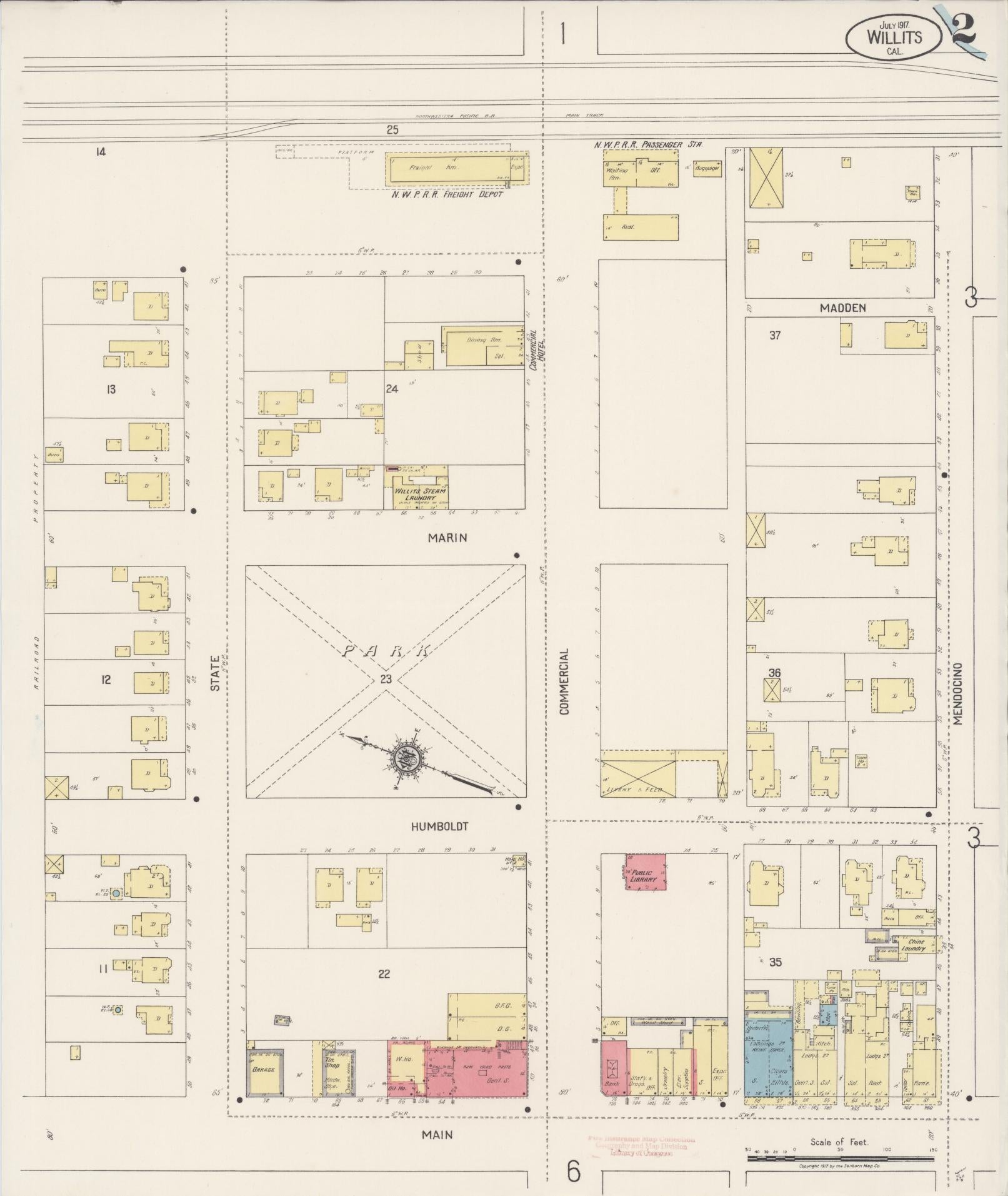Sanborn Fire Insurance Map from Willits, Mendocino County, California (1917), Sheet #0002 - Complete Map Set gallery image, historic Sanborn map, vintage wall art, California California