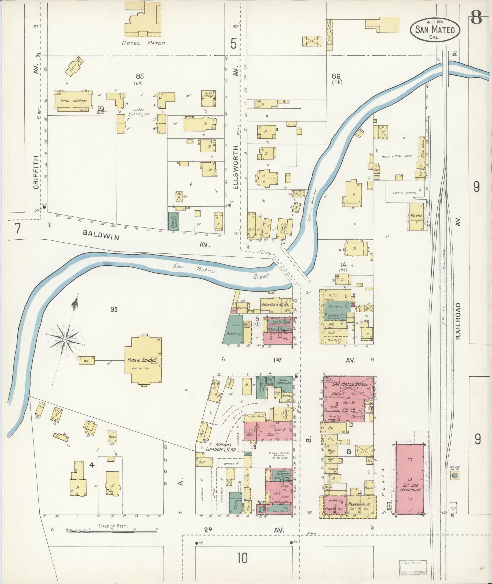 Sanborn Fire Insurance Map from San Mateo, San Mateo County, California (1901), Sheet #0008 - Complete Map Set gallery image, historic Sanborn map, vintage wall art, California California