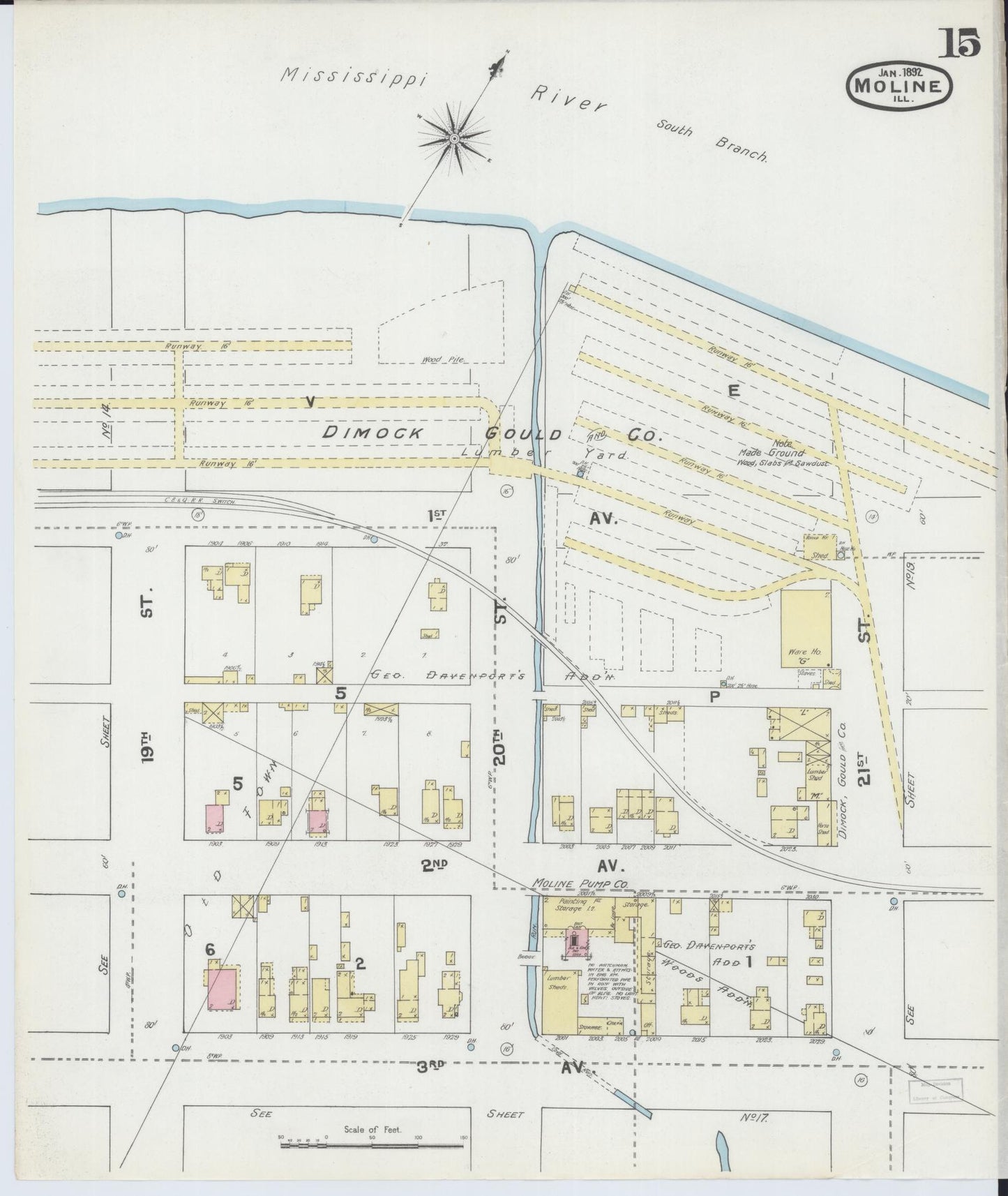 Sanborn Fire Insurance Map from Moline, Rock Island County, Illinois (1892), Sheet #0015 - Complete Map Set gallery image, historic Sanborn map, vintage wall art, Illinois Illinois