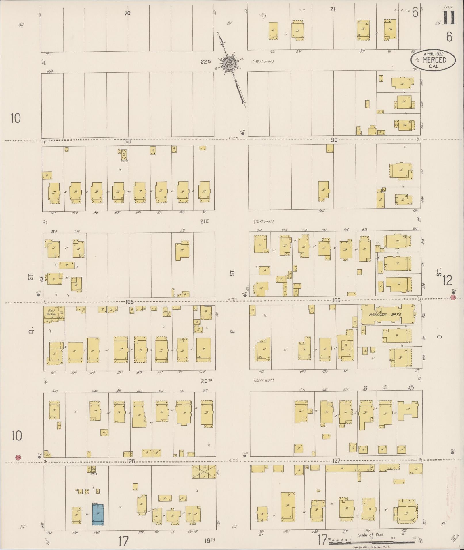 Sanborn Fire Insurance Map from Merced, Merced County, California (1922), Sheet #0011 - Historic Sanborn Fire Insurance Map Print, vintage old map wall art, antique decor, genealogy gift, California California map